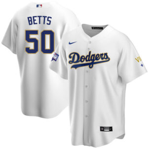 Los Angeles Dodgers 2020 Championship Gold Trim Cool Base White Jersey - All Stitched