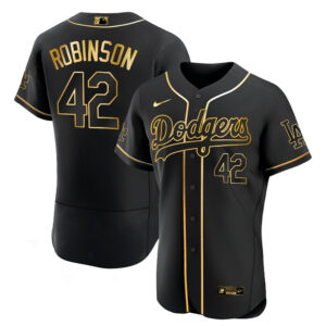 Jackie Robinson Los Angeles Dodgers White Gold & Black Gold Jersey - All Stitched