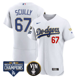 Men's Dodgers World Series & Vin Sculy Patch Gold Jersey - All Stitched