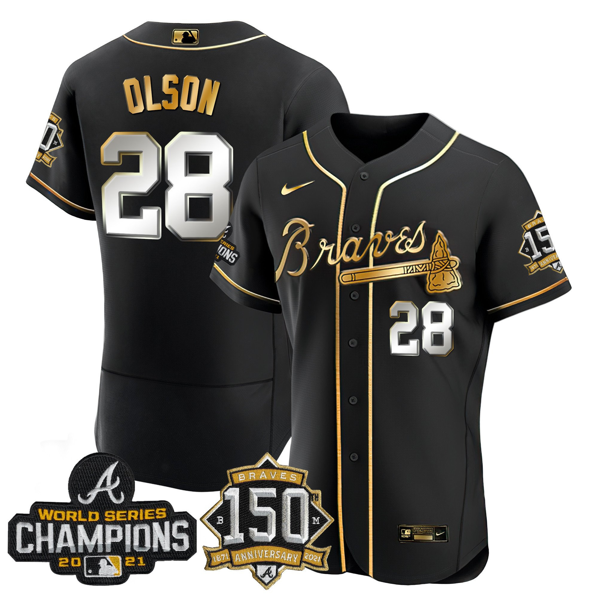 Braves World Series Champion Black Gold Flex Base Jersey - All Stitched - Image 5