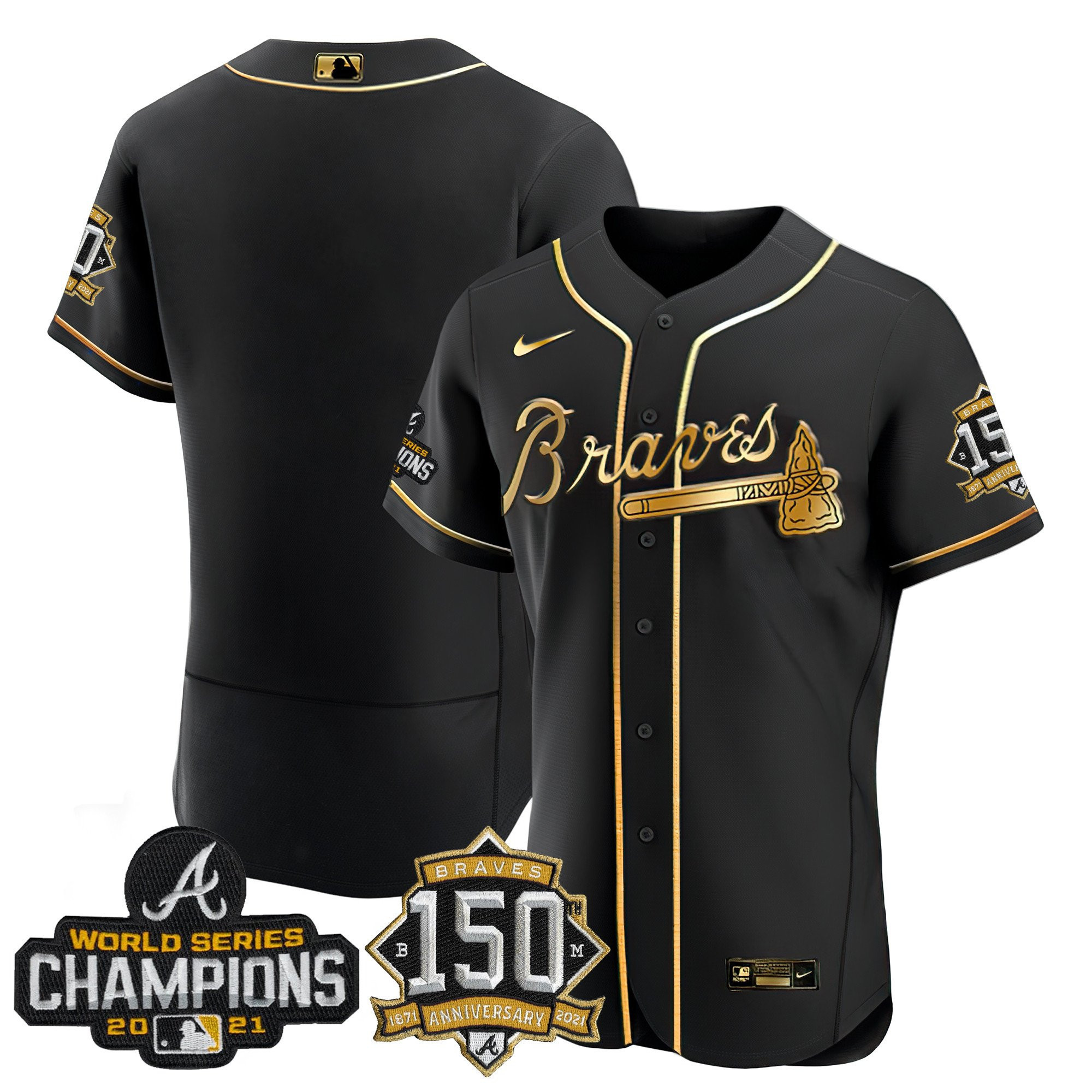 Braves World Series Champion Black Gold Flex Base Jersey - All Stitched - Image 9