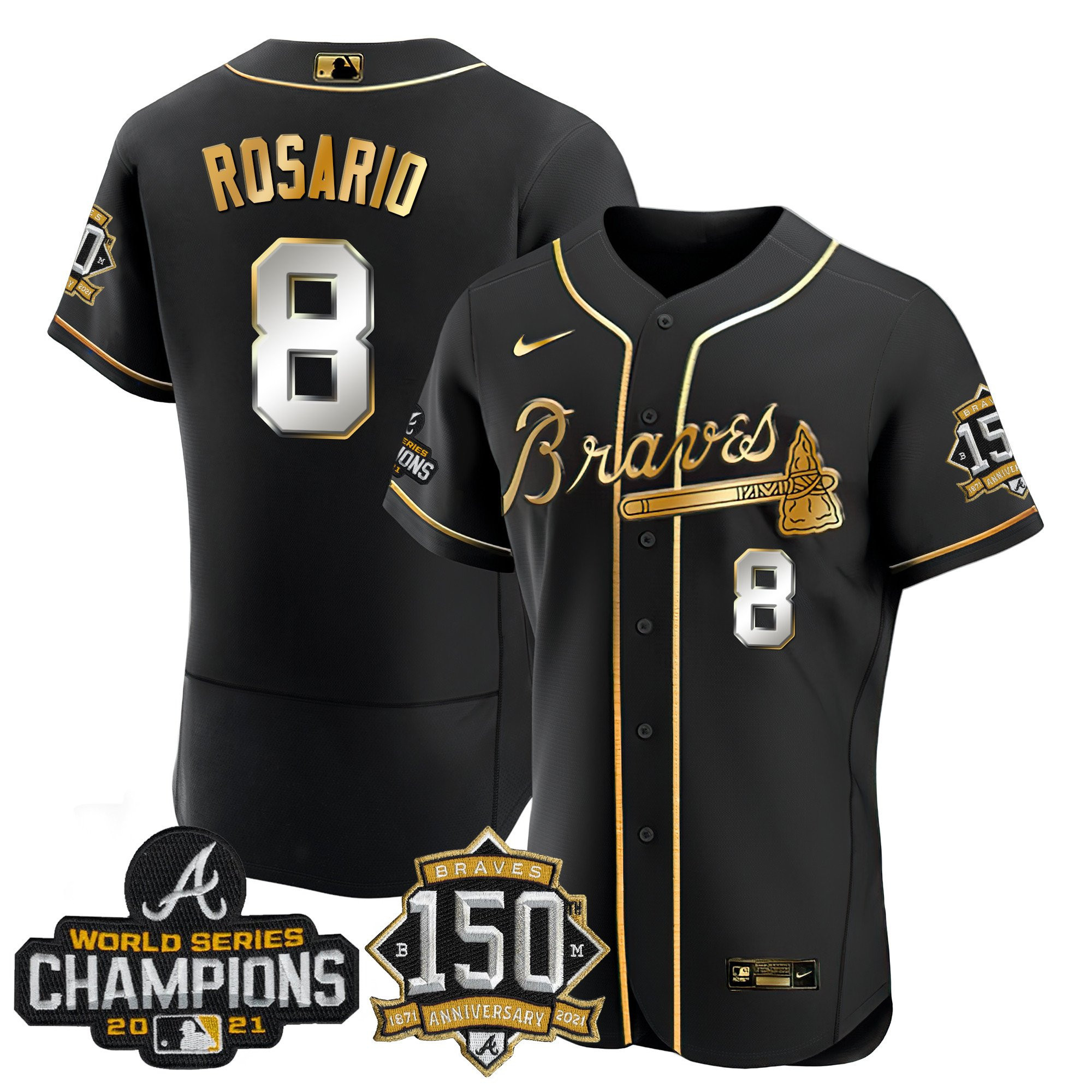 Braves World Series Champion Black Gold Flex Base Jersey - All Stitched - Image 7