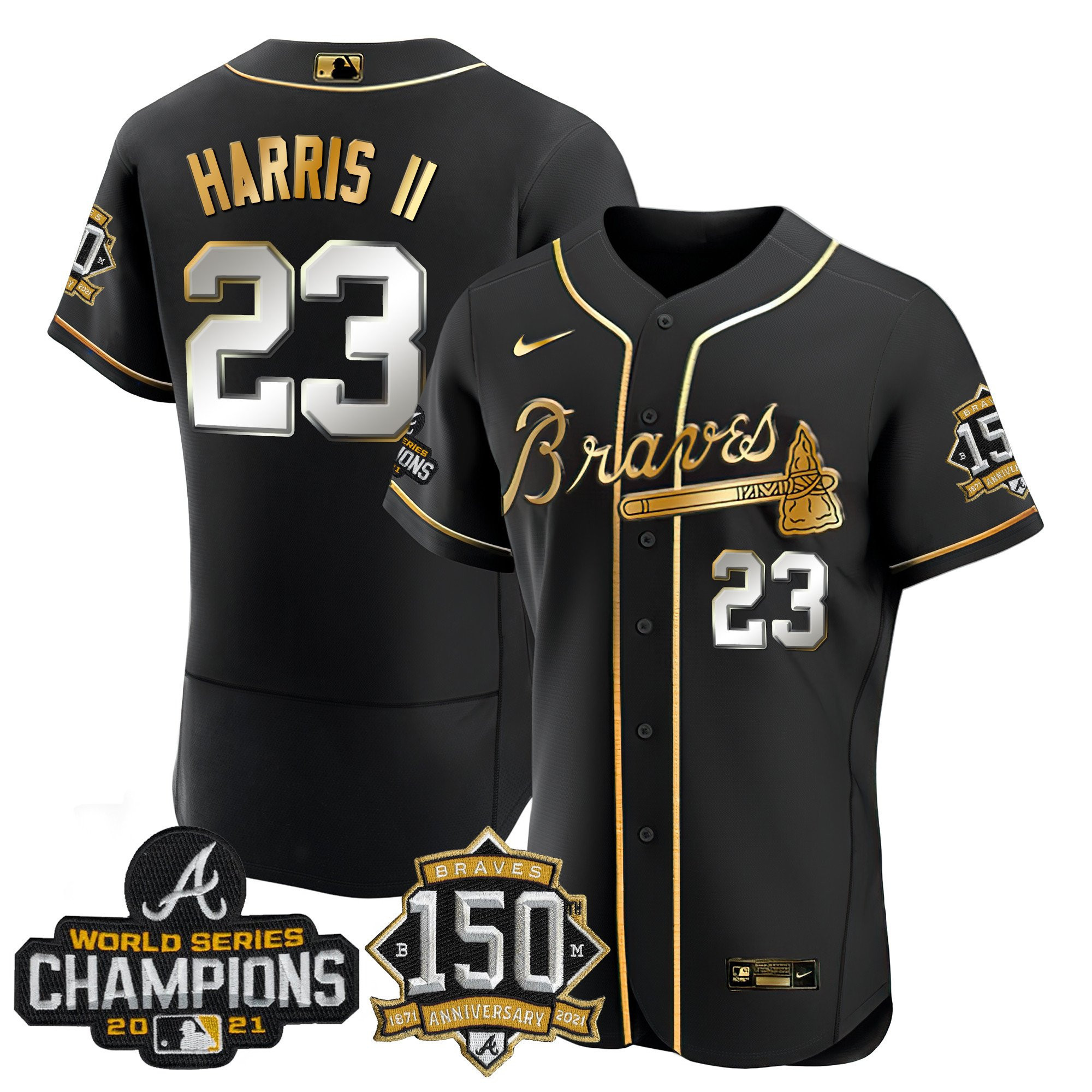 Braves World Series Champion Black Gold Flex Base Jersey - All Stitched - Image 4