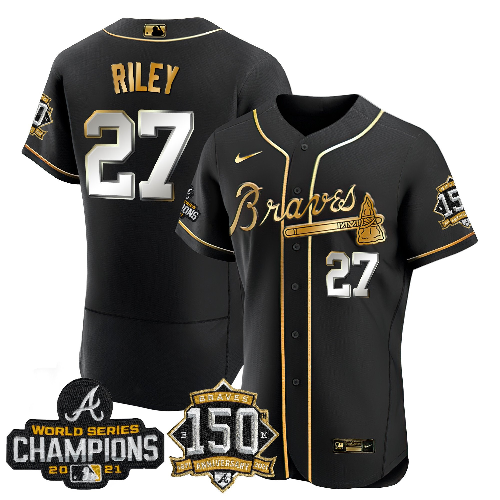 Braves World Series Champion Black Gold Flex Base Jersey - All Stitched - Image 3