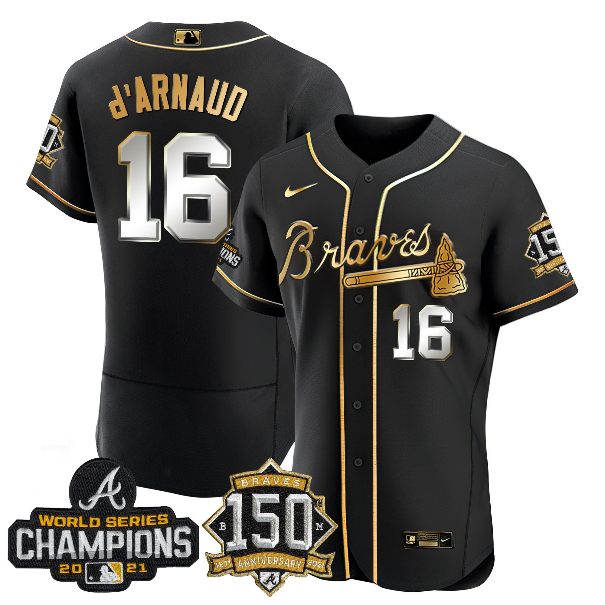 Braves World Series Champion Black Gold Flex Base Jersey - All Stitched - Image 2