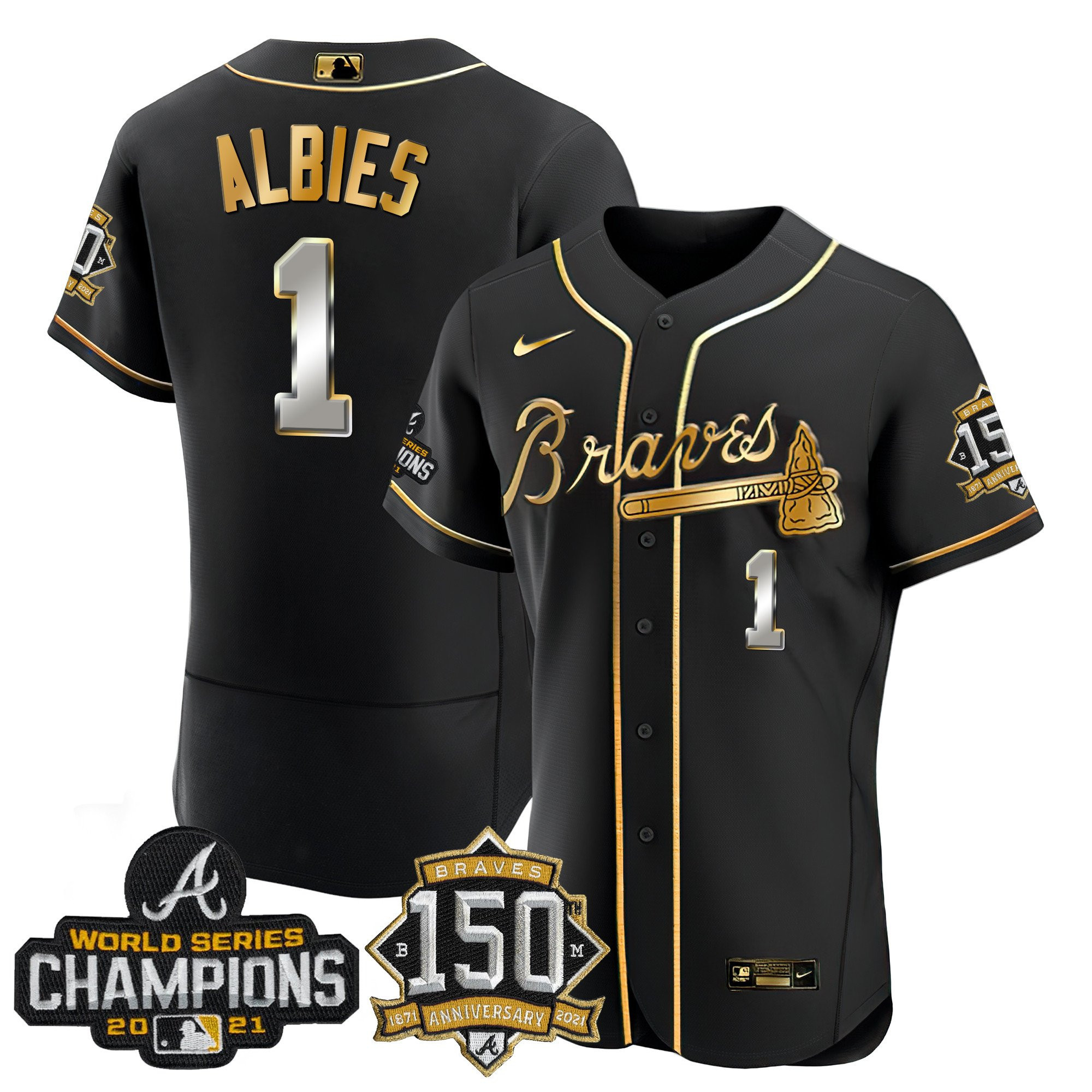 Braves World Series Champion Black Gold Flex Base Jersey - All Stitched - Image 6