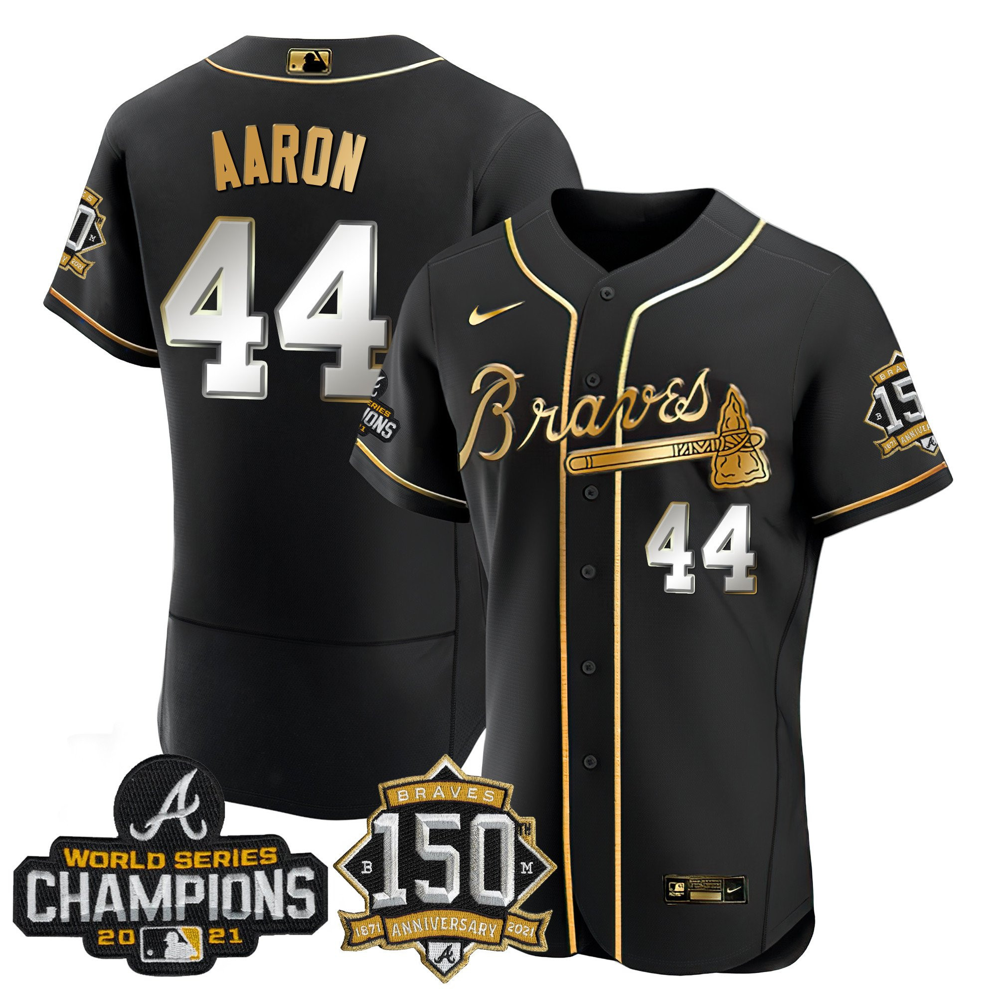 Braves World Series Champion Black Gold Flex Base Jersey - All Stitched - Image 8