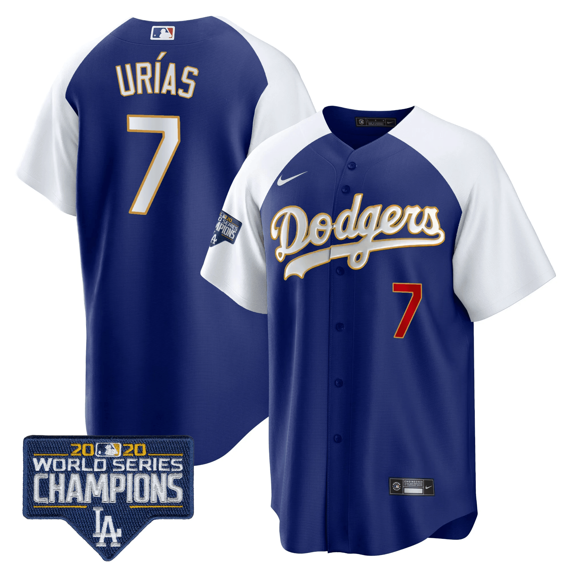 Men's Dodgers World Series Champions Patch Cool Base Gold Trim Jersey - All Stitched - Image 17