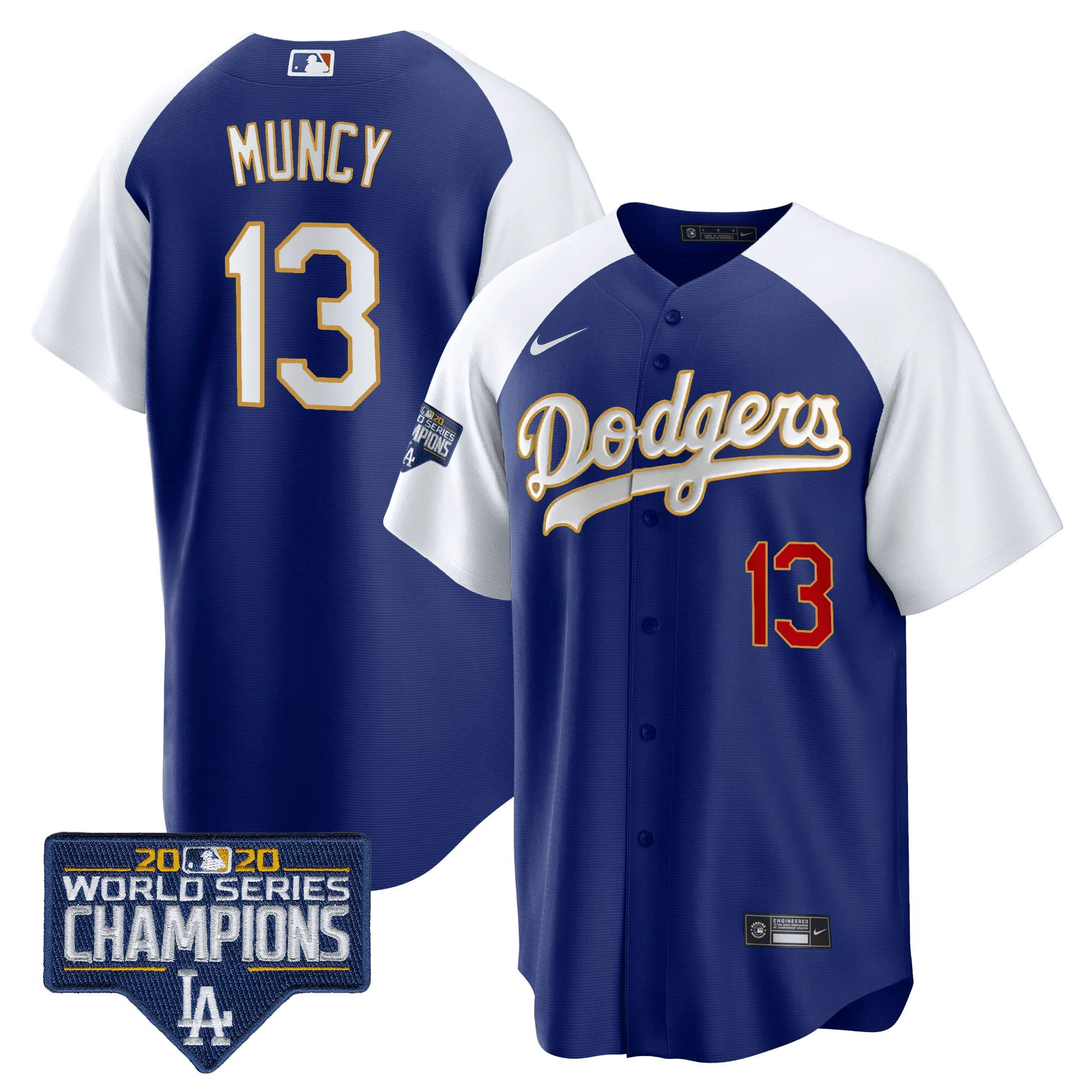Men's Dodgers World Series Champions Patch Cool Base Gold Trim Jersey - All Stitched - Image 14