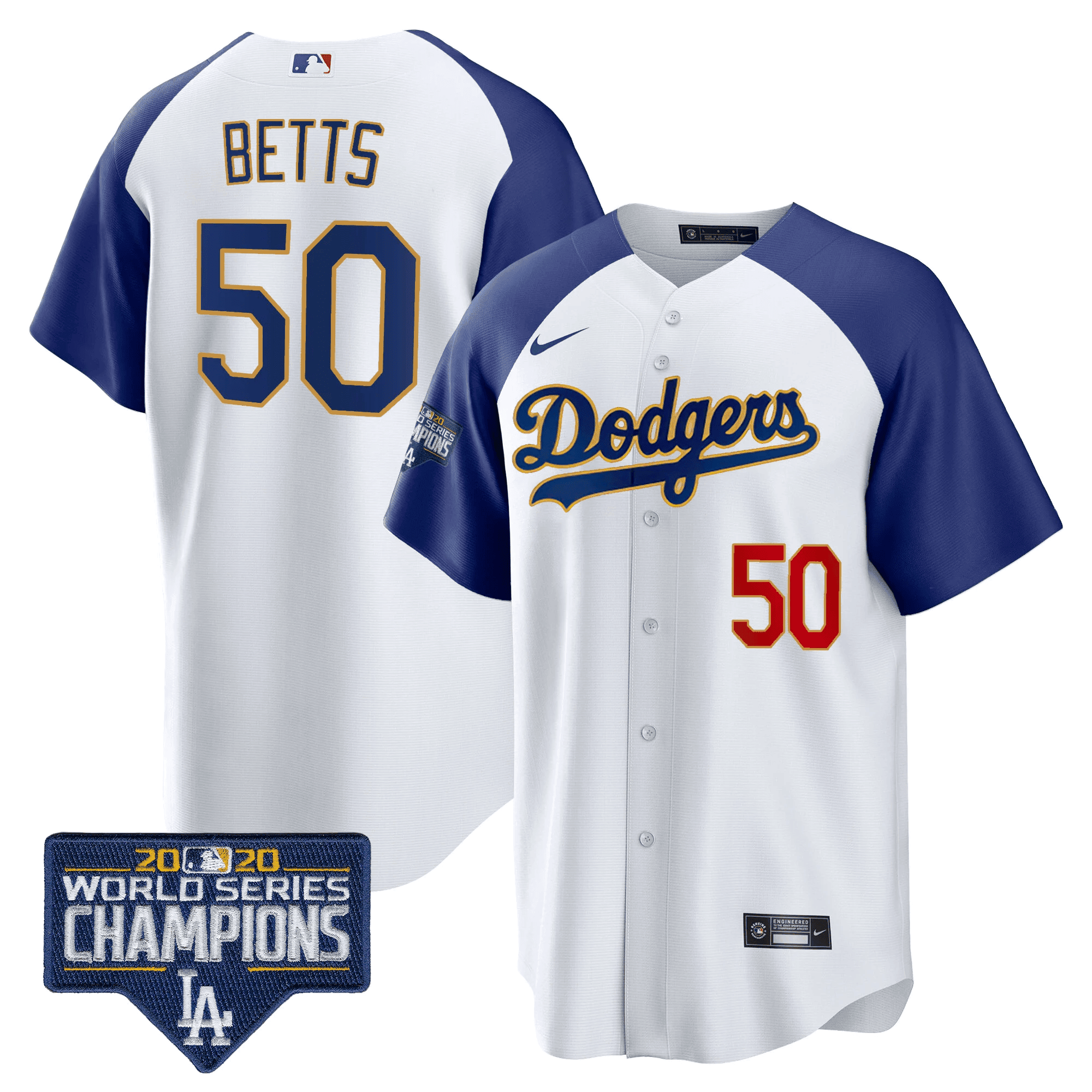 Men's Dodgers World Series Champions Patch Cool Base Gold Trim Jersey - All Stitched - Image 2
