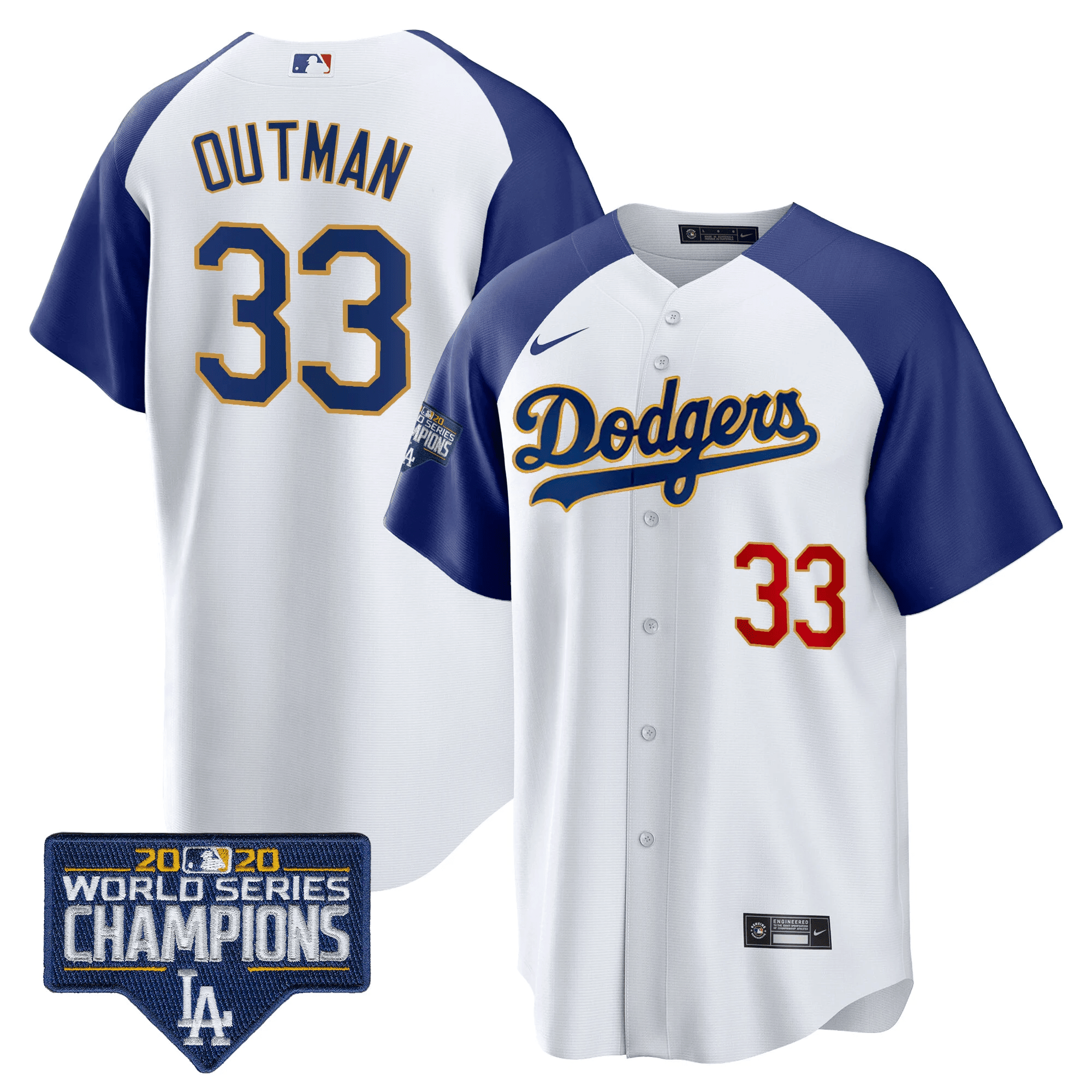 Men's Dodgers World Series Champions Patch Cool Base Gold Trim Jersey - All Stitched - Image 7