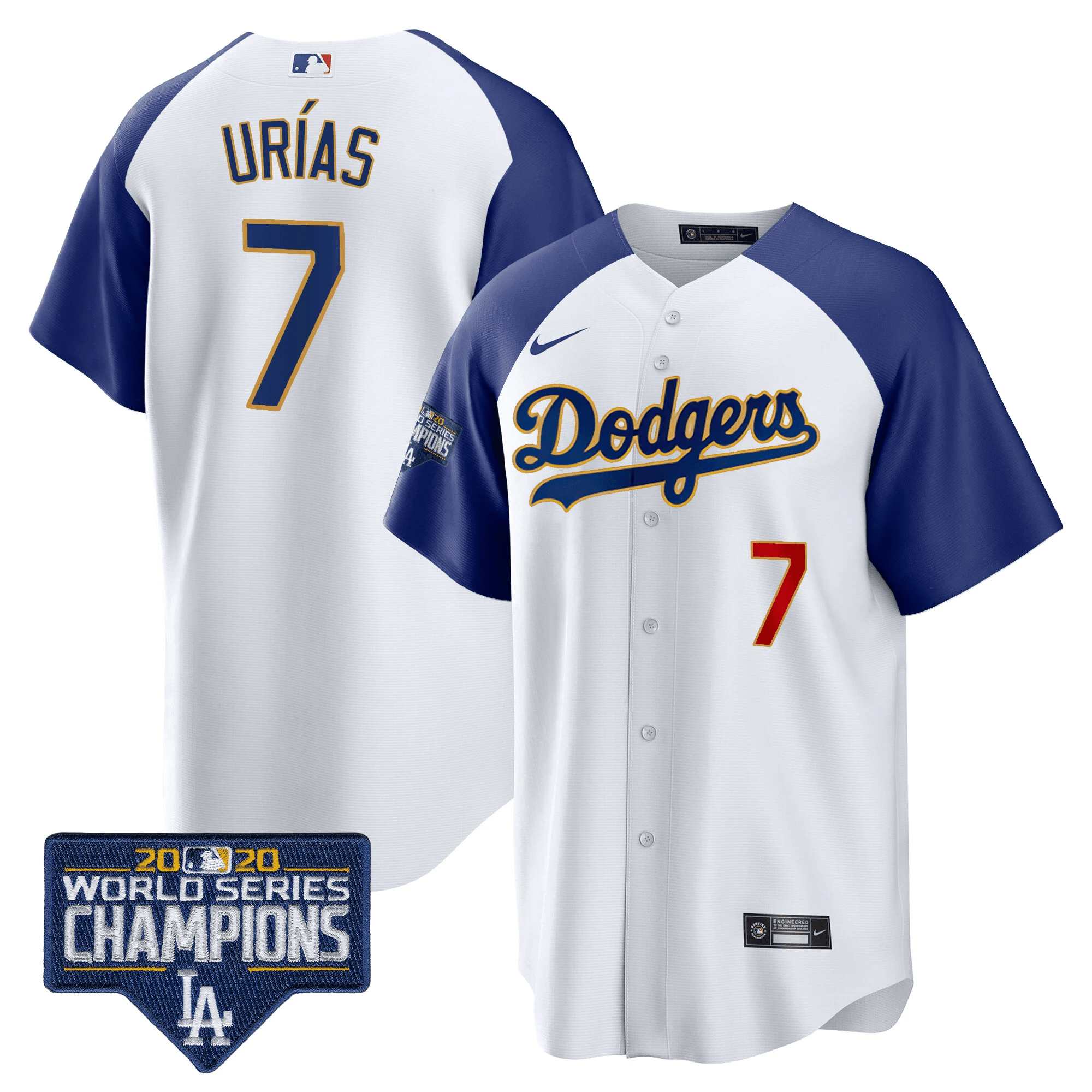 Men's Dodgers World Series Champions Patch Cool Base Gold Trim Jersey - All Stitched - Image 8