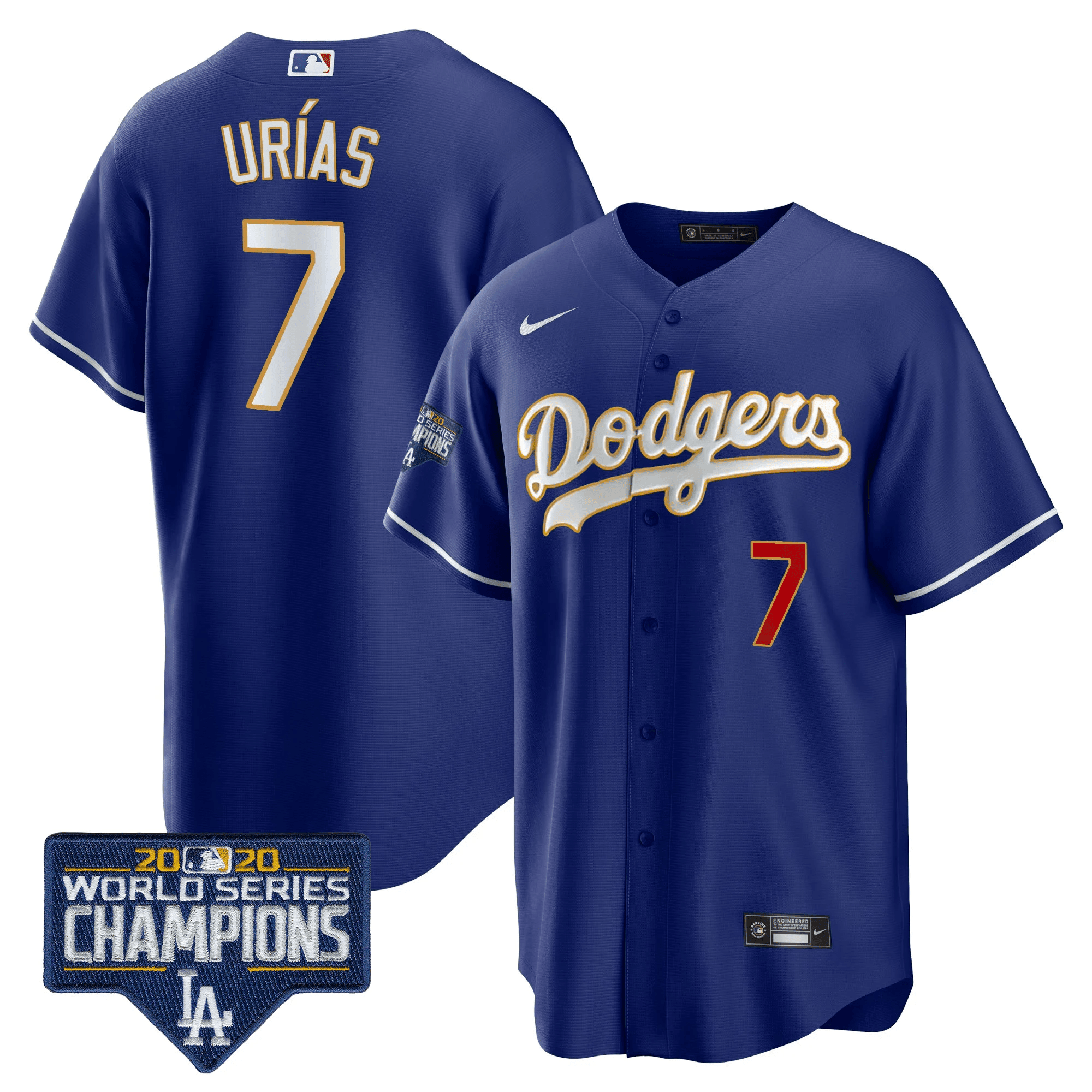 Men's Dodgers World Series Champions Patch Cool Base Gold Trim Jersey - All Stitched - Image 35