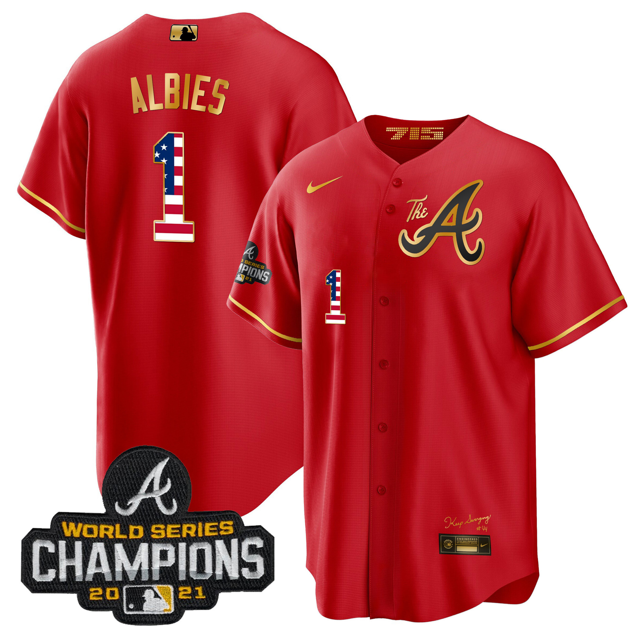 Men's Atlanta Braves The A Gold Flag Cool Base Jersey - All Stitched - Image 6