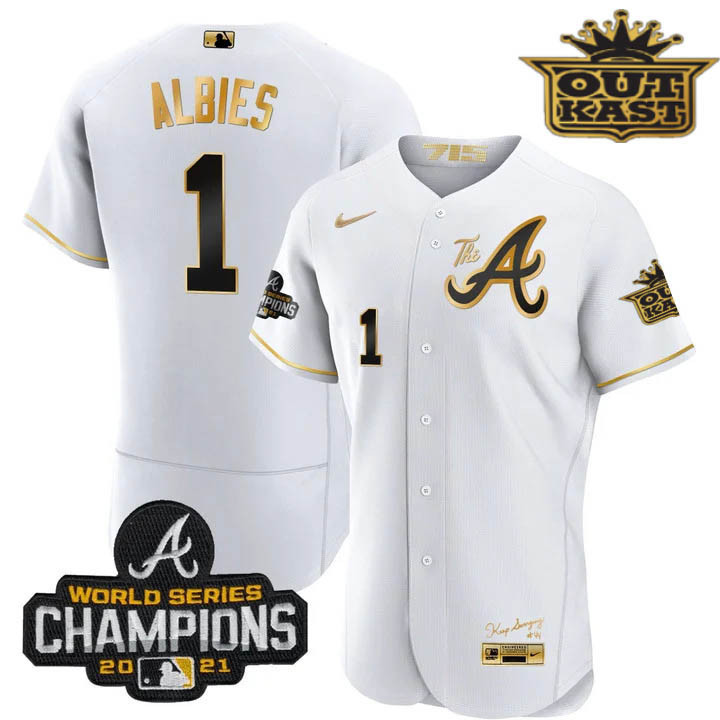 Men's Atlanta Braves Outkast Gold The A Flex Base Jersey – All Stitched - Image 17