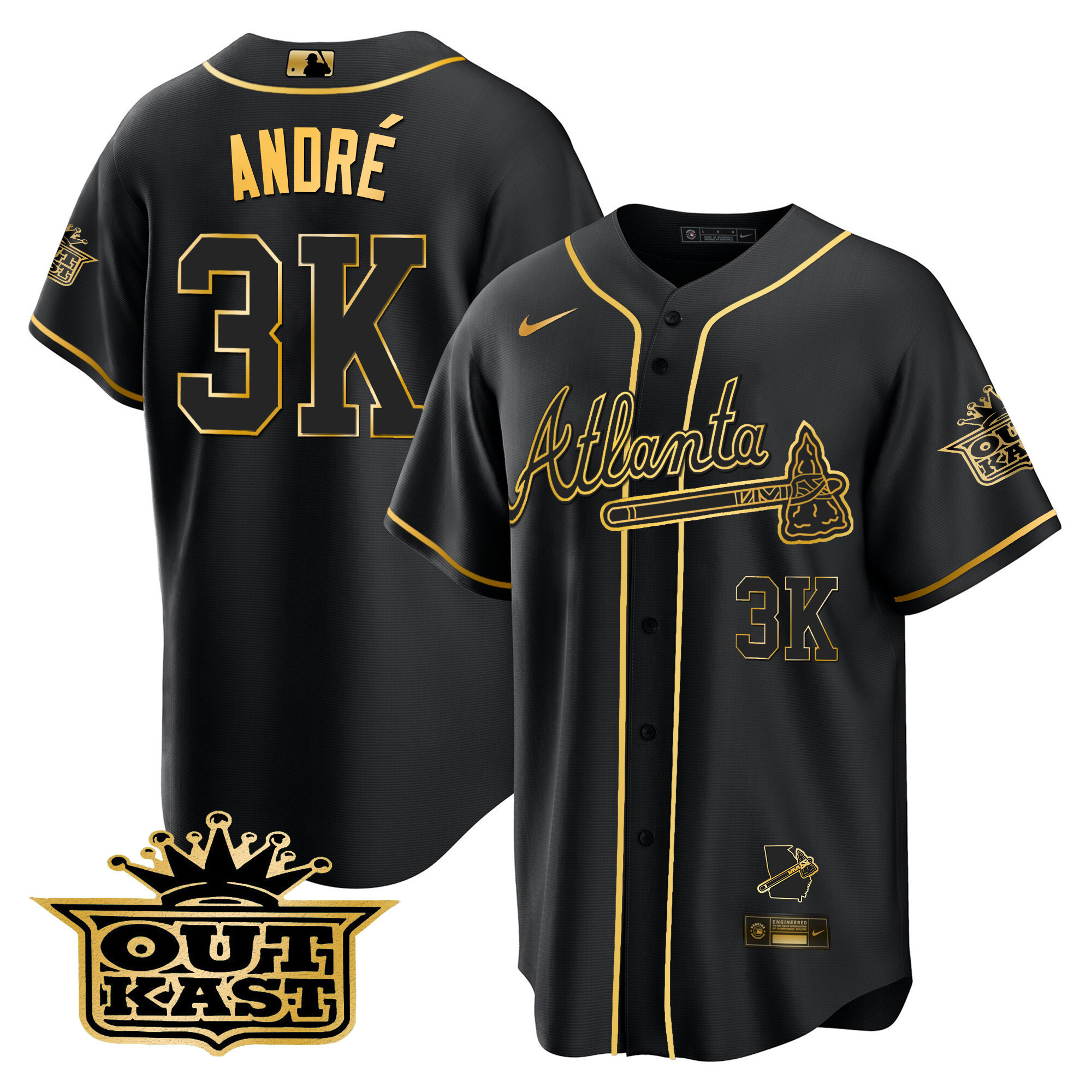 Men's Atlanta Braves Outkast Cool Base Gold Jersey V3 - All Stitched - Image 24