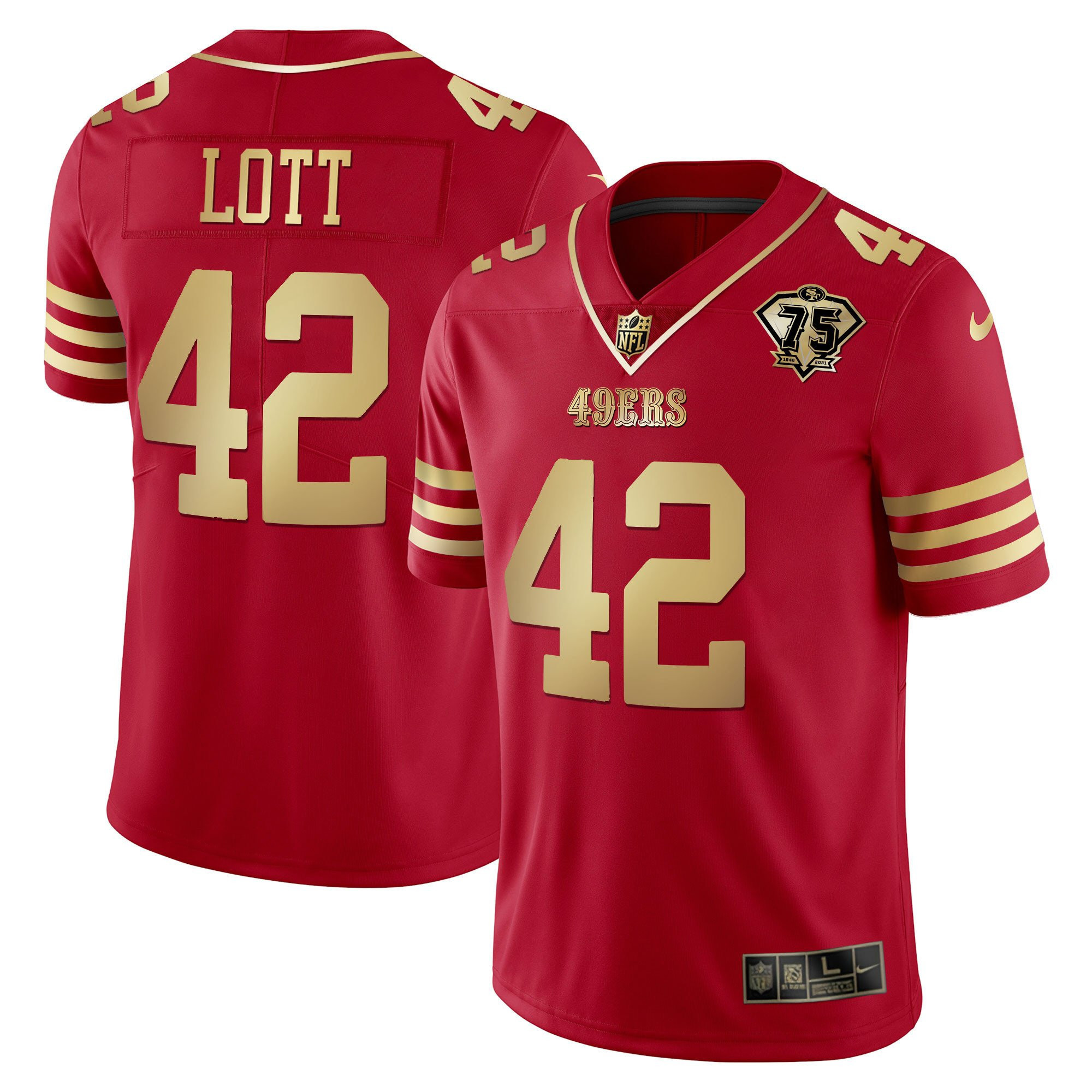 Men's Ronnie Lott 49ers 75th Anniversary Patch Vapor Black Red Gold Limited - All Stitched - Image 4