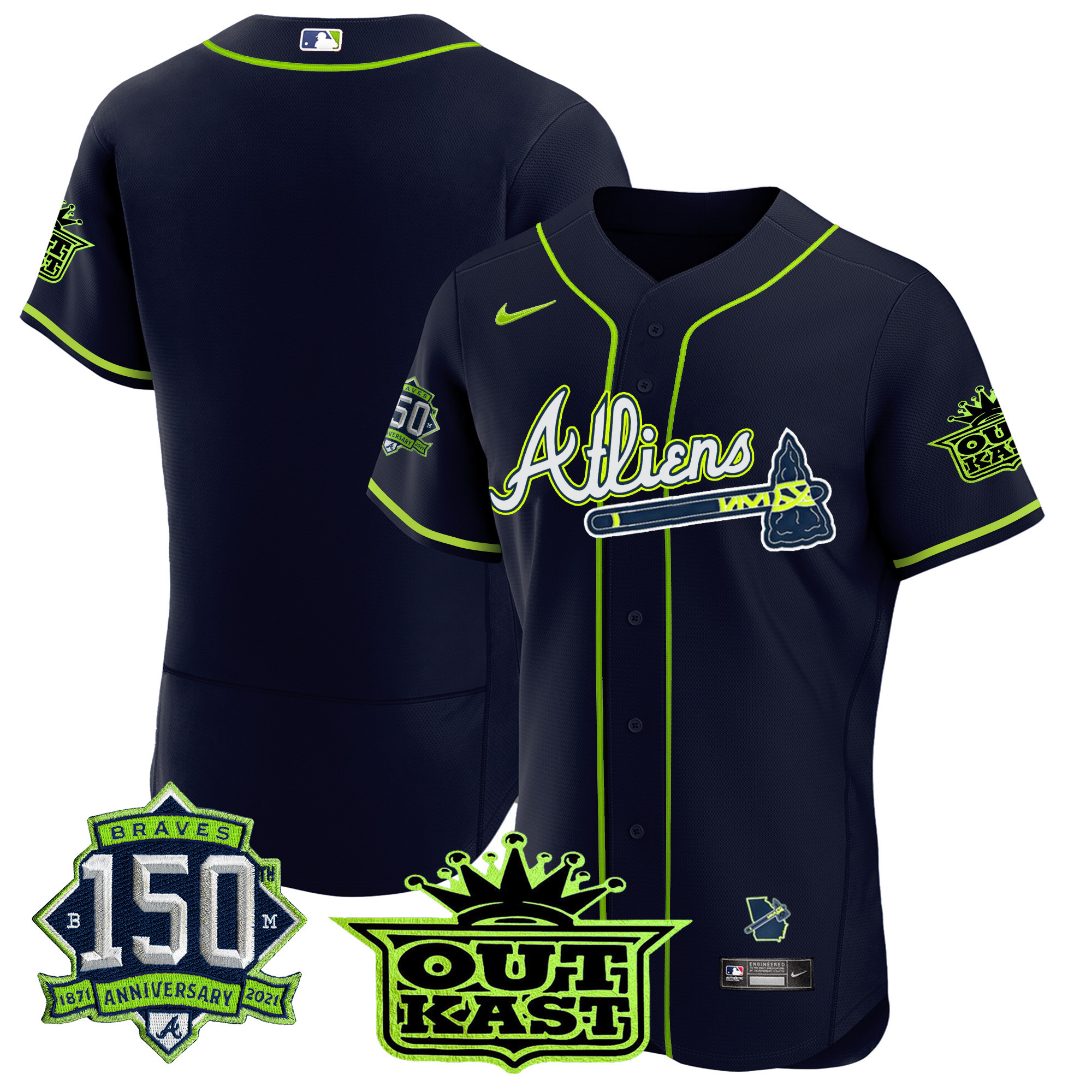 Men's Atlanta Braves Atliens 150th Anniversary Patch Flex Base Jersey - All Stitched - Image 9