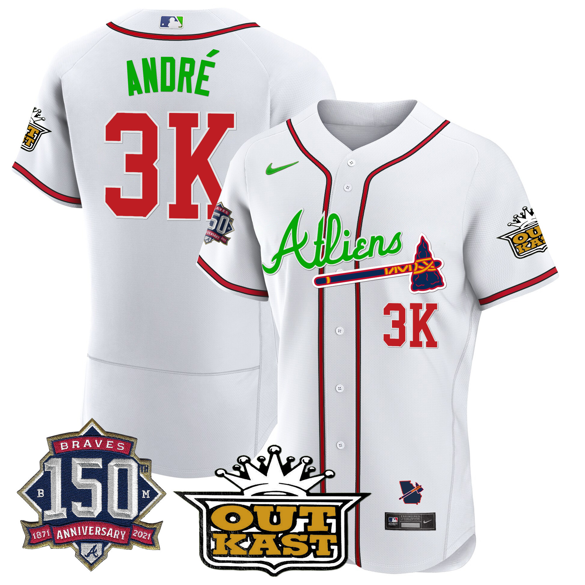 Men's Atlanta Braves Atliens 150th Anniversary Patch Flex Base Jersey - All Stitched - Image 21