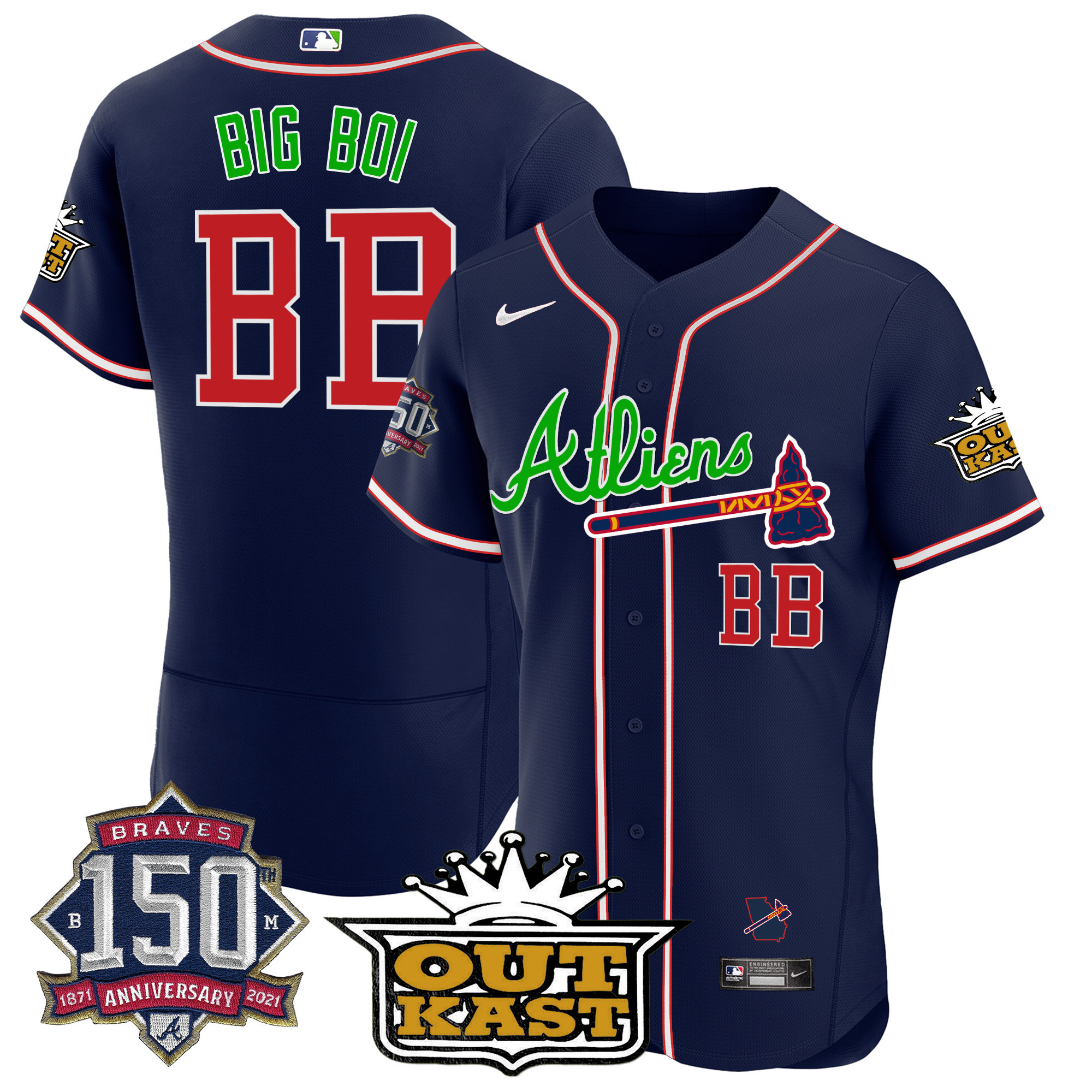 Men's Atlanta Braves Atliens 150th Anniversary Patch Flex Base Jersey - All Stitched - Image 13