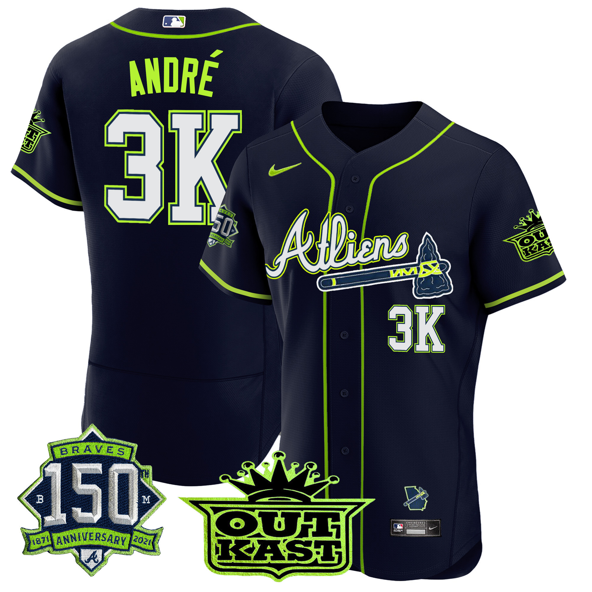 Men's Atlanta Braves Atliens 150th Anniversary Patch Flex Base Jersey - All Stitched - Image 3