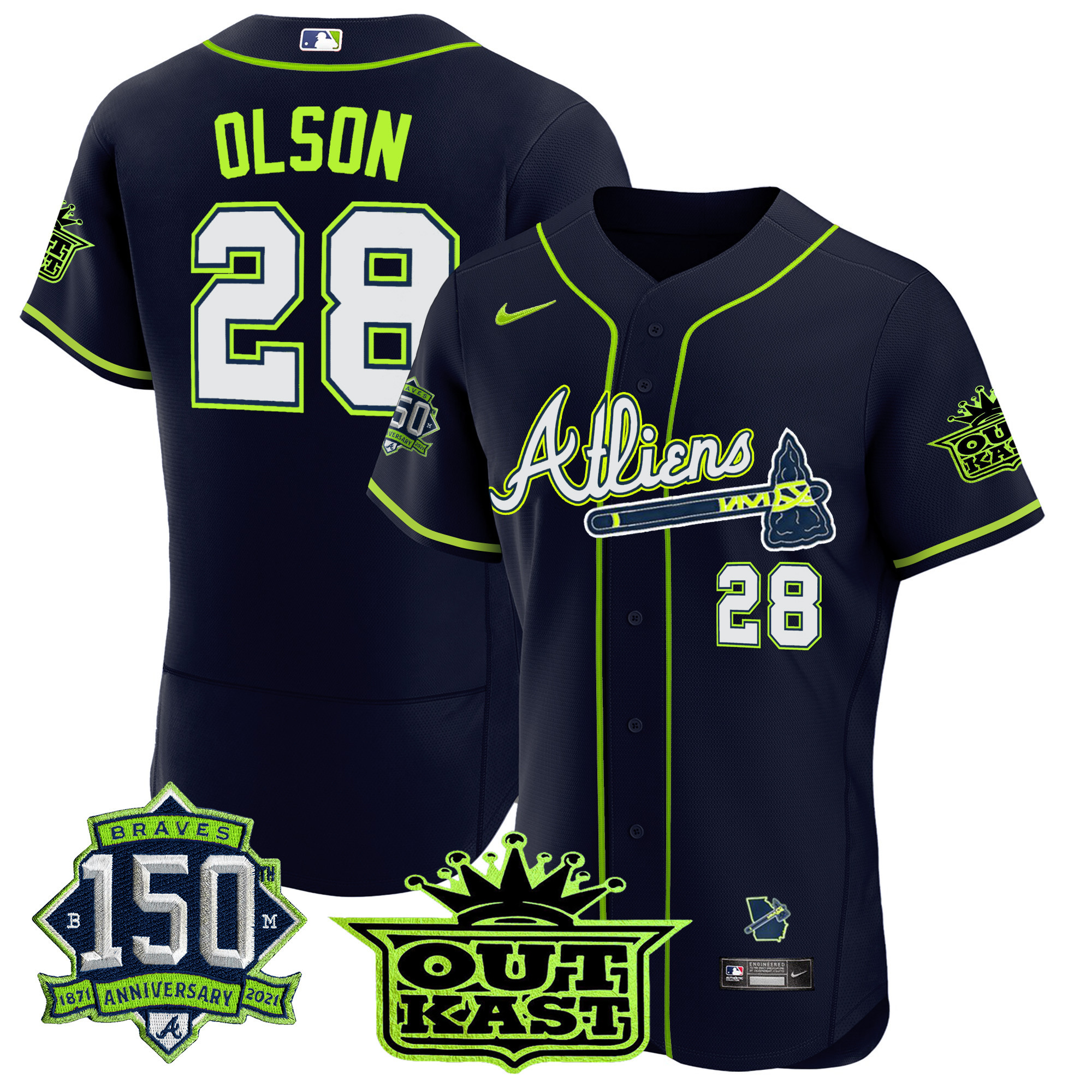 Men's Atlanta Braves Atliens 150th Anniversary Patch Flex Base Jersey - All Stitched - Image 7