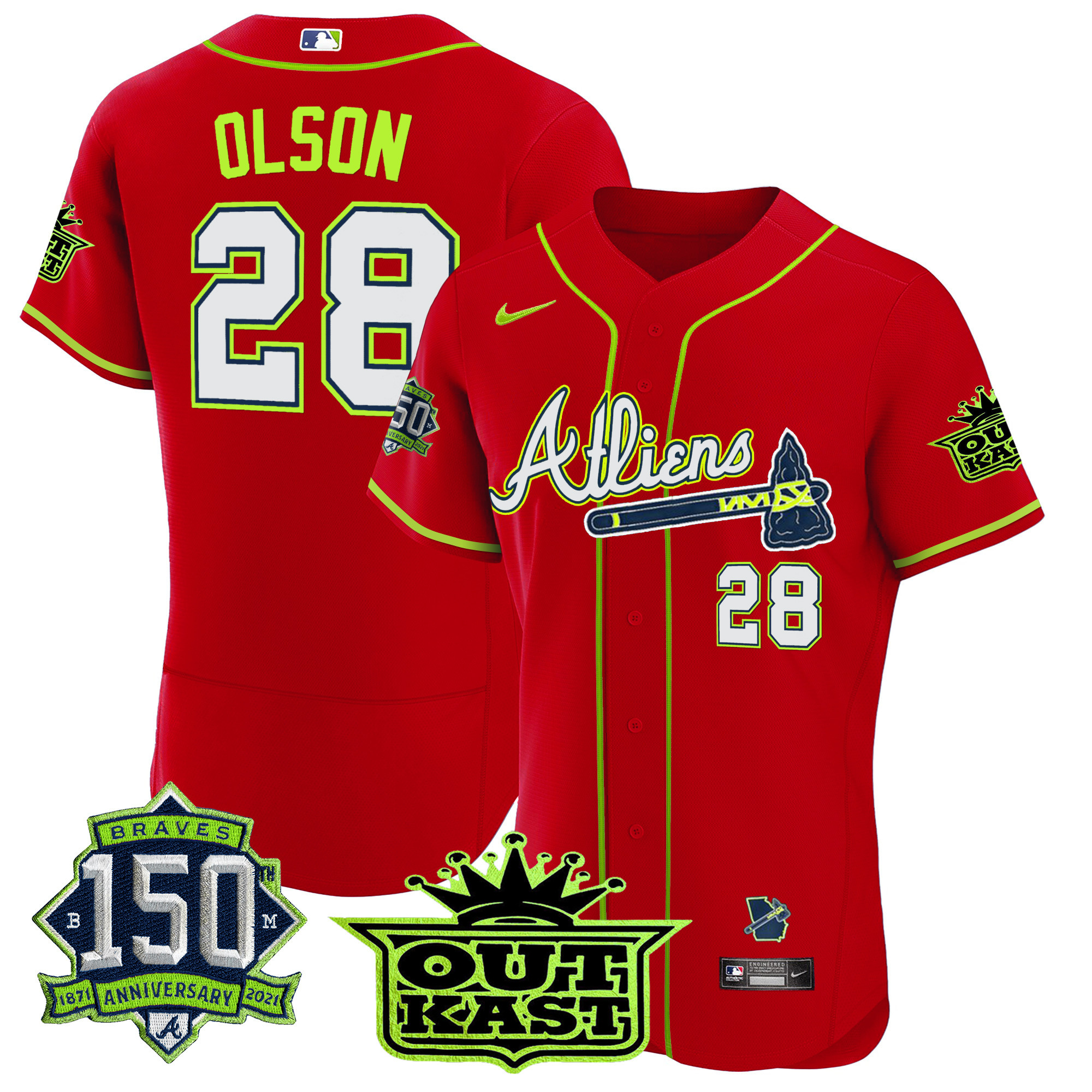 Men's Atlanta Braves Atliens 150th Anniversary Patch Flex Base Jersey - All Stitched - Image 43