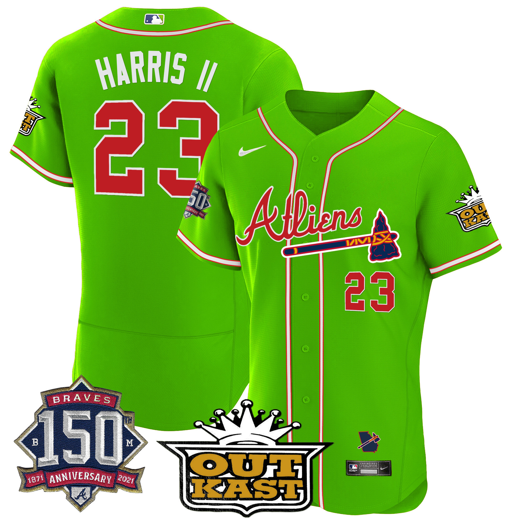 Men's Atlanta Braves Atliens 150th Anniversary Patch Flex Base Jersey - All Stitched - Image 33