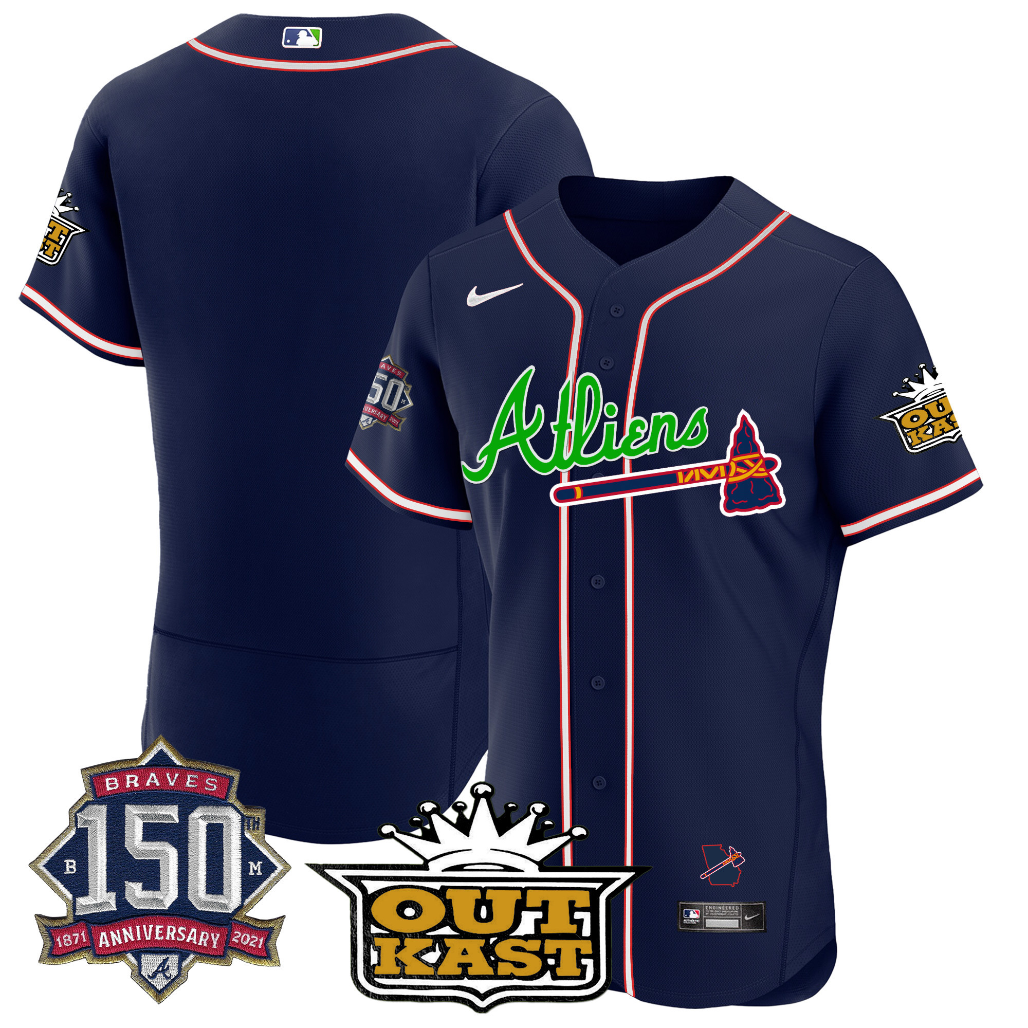 Men's Atlanta Braves Atliens 150th Anniversary Patch Flex Base Jersey - All Stitched - Image 18