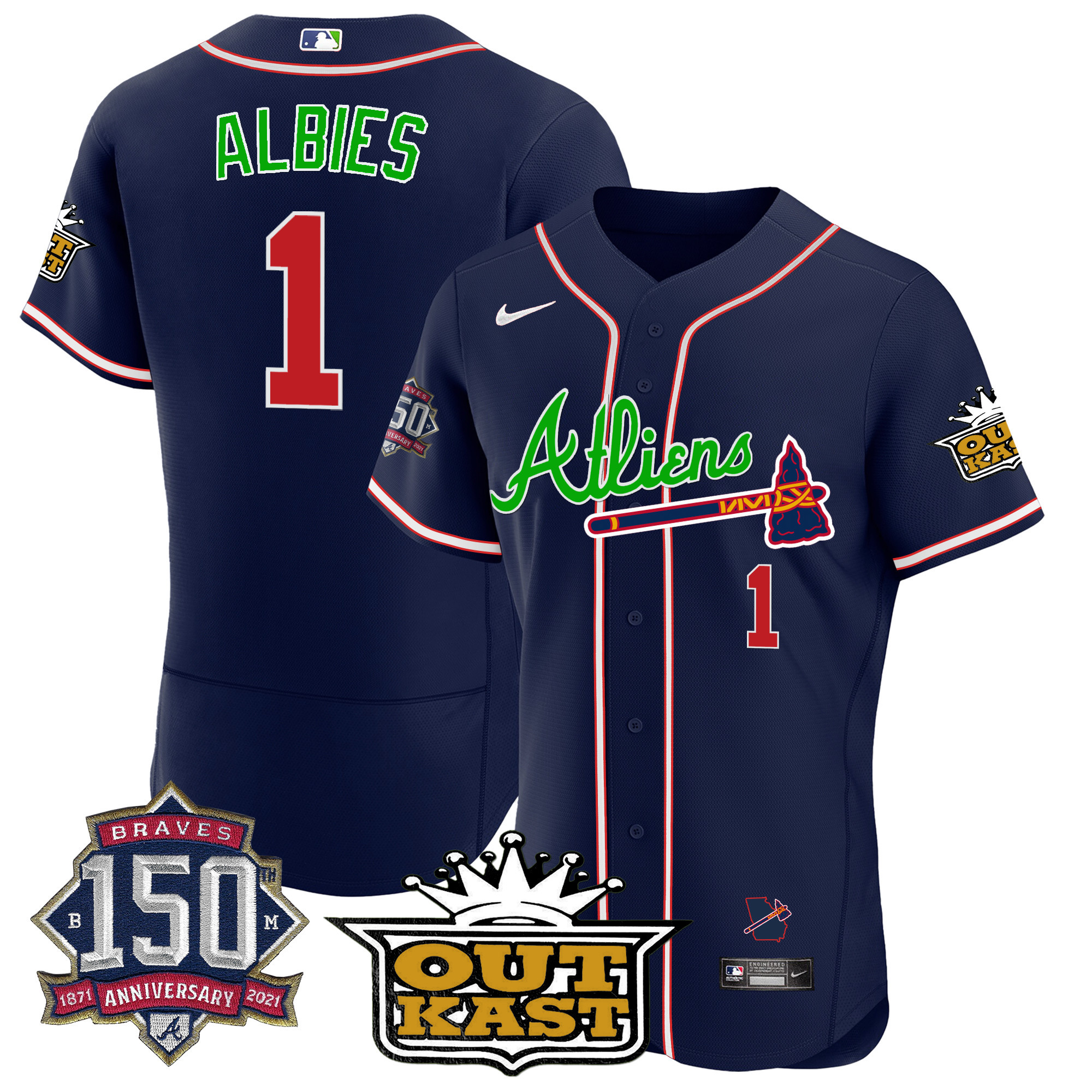 Men's Atlanta Braves Atliens 150th Anniversary Patch Flex Base Jersey - All Stitched - Image 17