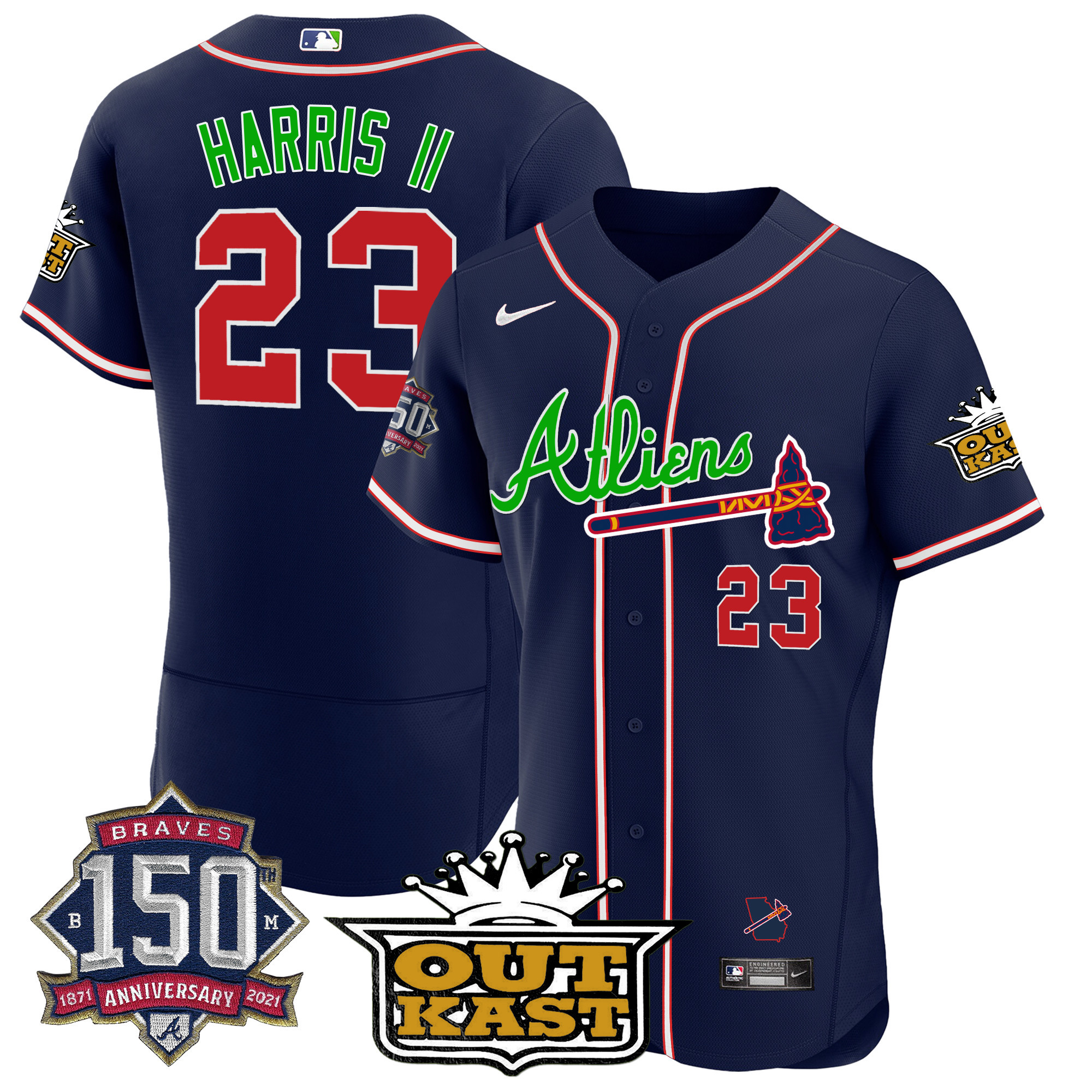 Men's Atlanta Braves Atliens 150th Anniversary Patch Flex Base Jersey - All Stitched - Image 15