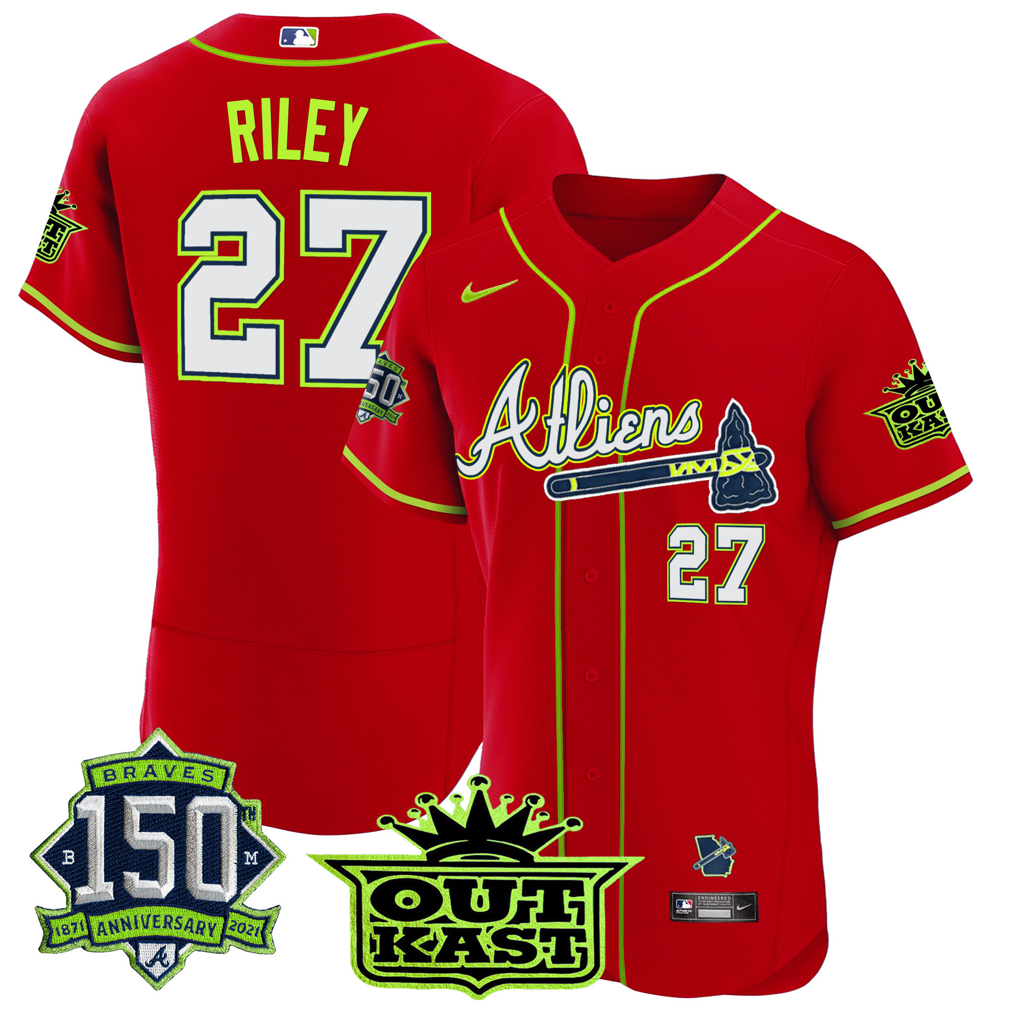 Men's Atlanta Braves Atliens 150th Anniversary Patch Flex Base Jersey - All Stitched - Image 41
