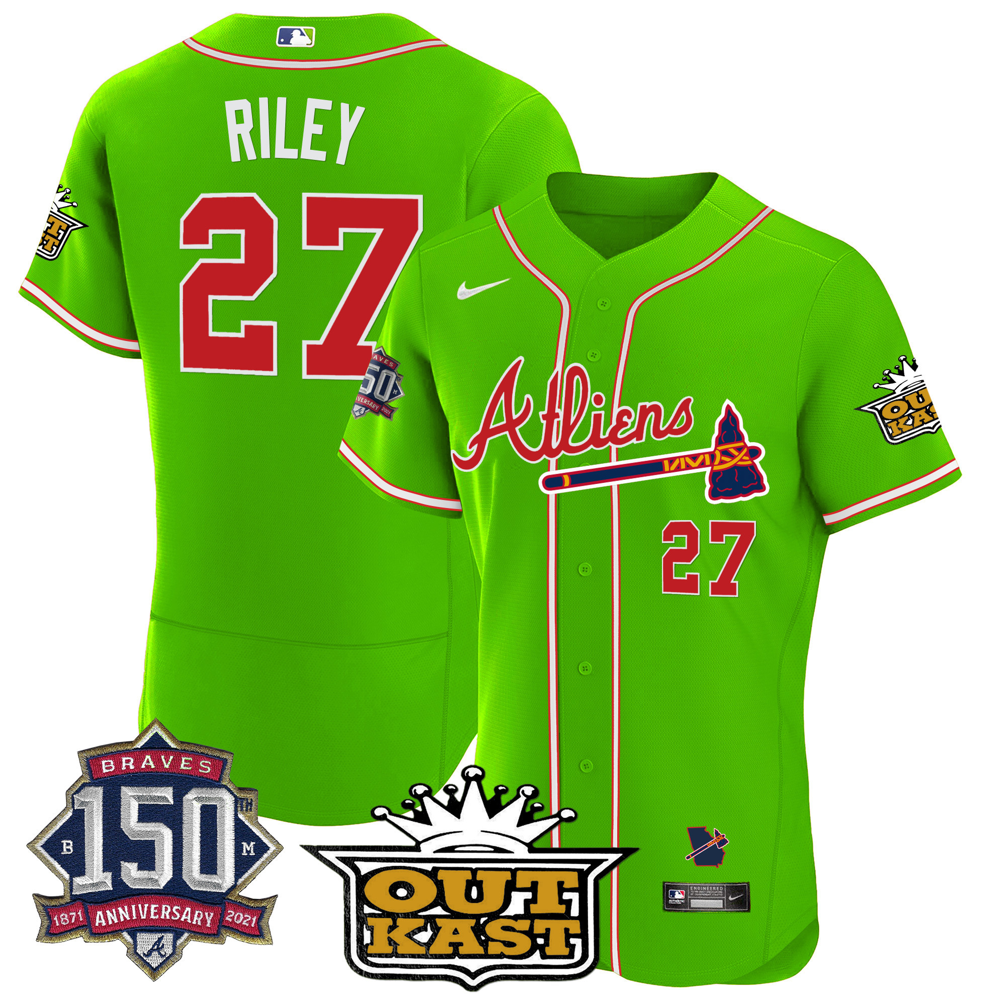 Men's Atlanta Braves Atliens 150th Anniversary Patch Flex Base Jersey - All Stitched - Image 32