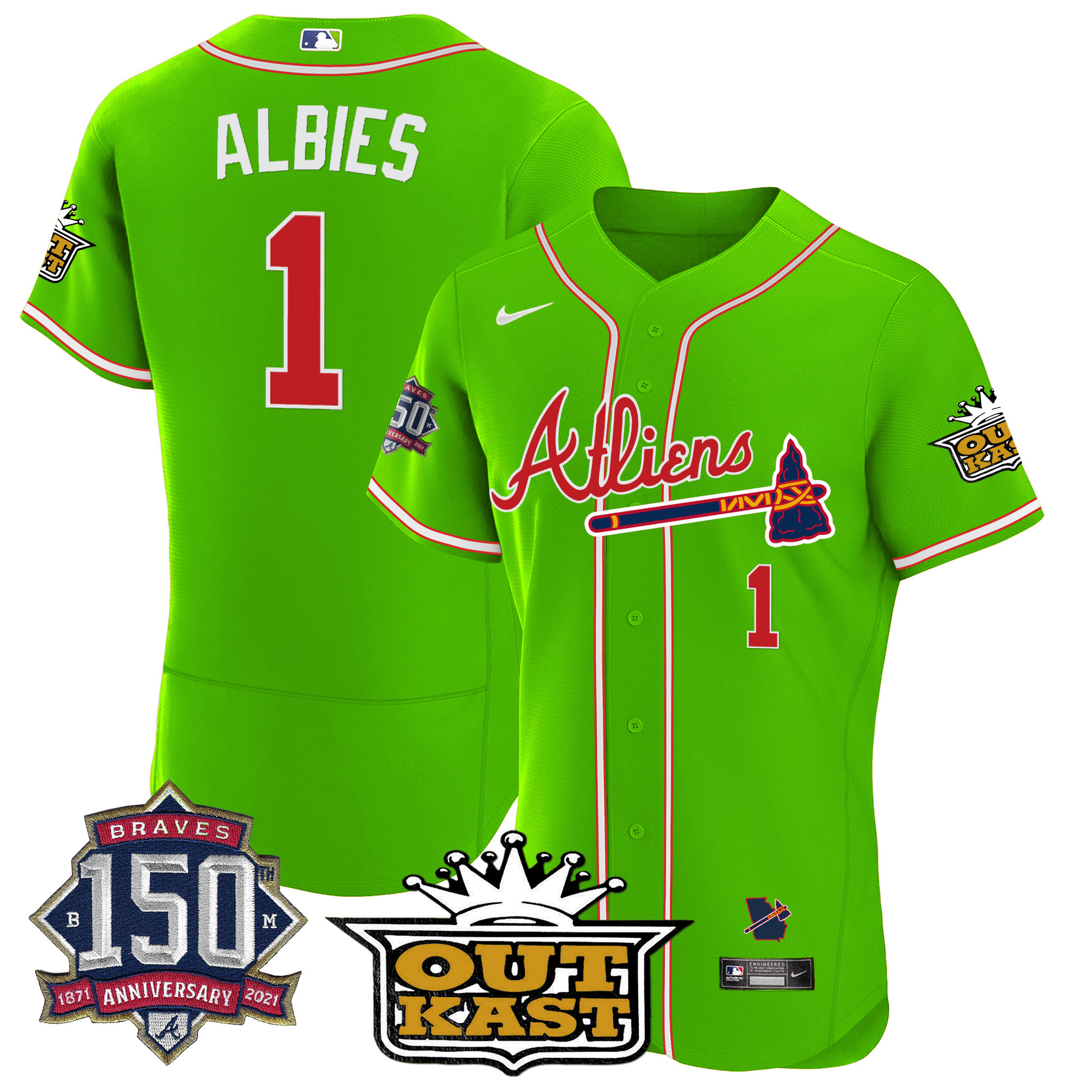 Men's Atlanta Braves Atliens 150th Anniversary Patch Flex Base Jersey - All Stitched - Image 35
