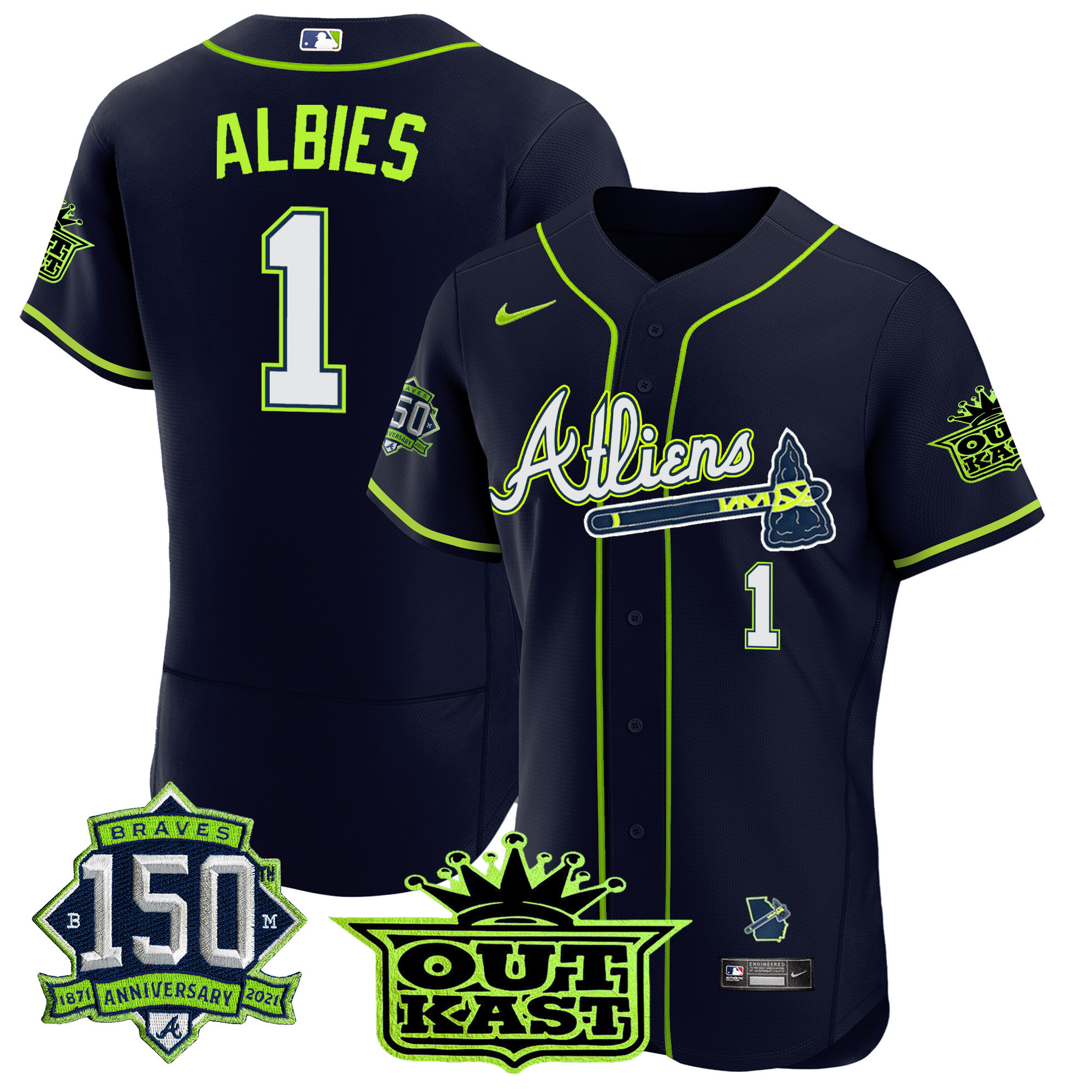 Men's Atlanta Braves Atliens 150th Anniversary Patch Flex Base Jersey - All Stitched - Image 8