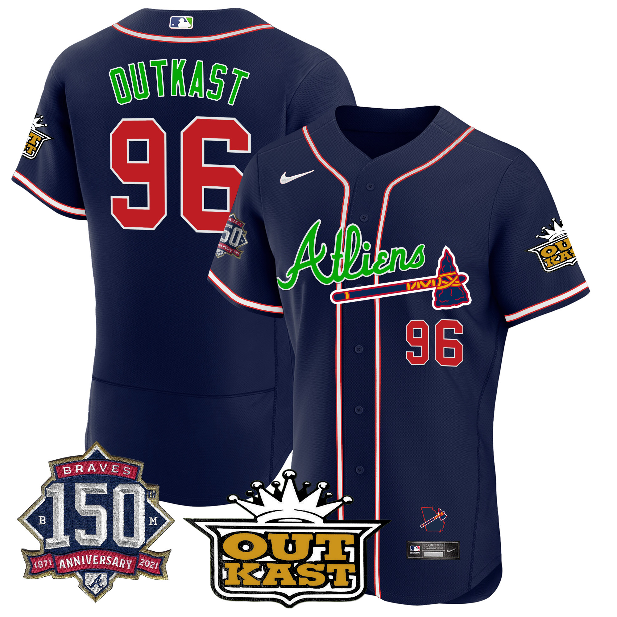 Men's Atlanta Braves Atliens 150th Anniversary Patch Flex Base Jersey - All Stitched - Image 11