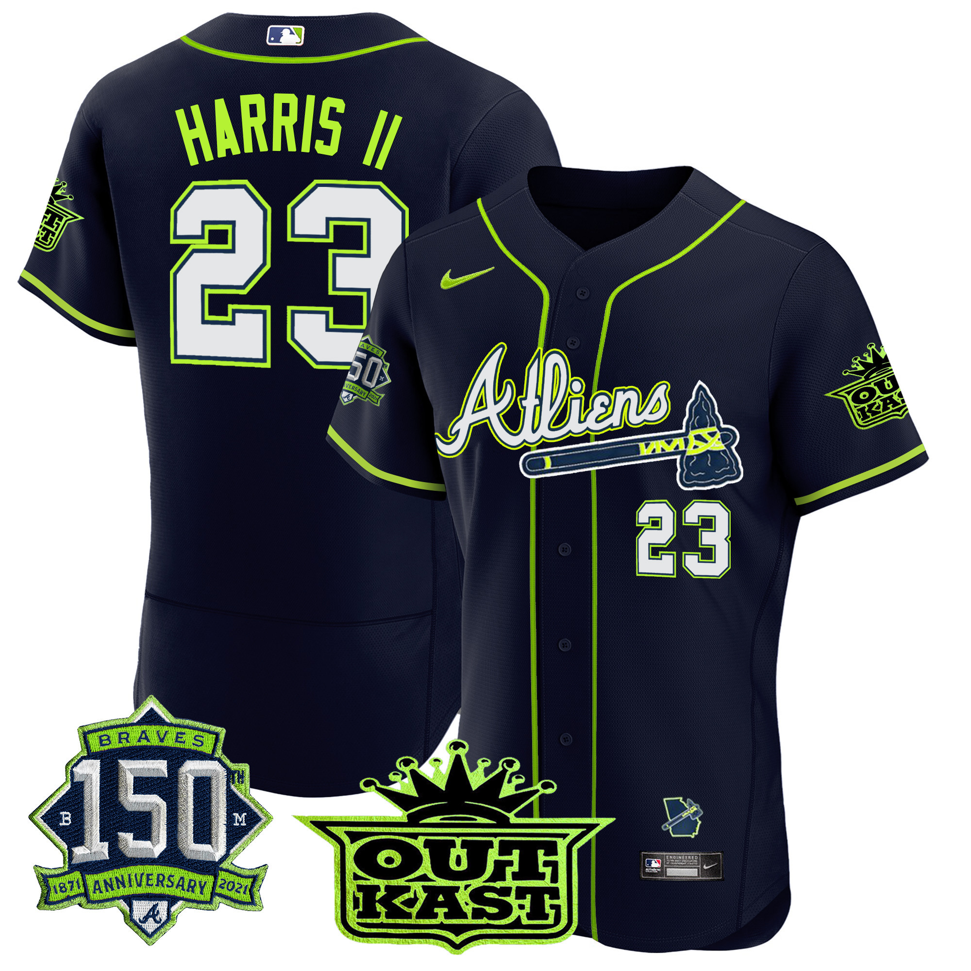 Men's Atlanta Braves Atliens 150th Anniversary Patch Flex Base Jersey - All Stitched - Image 6