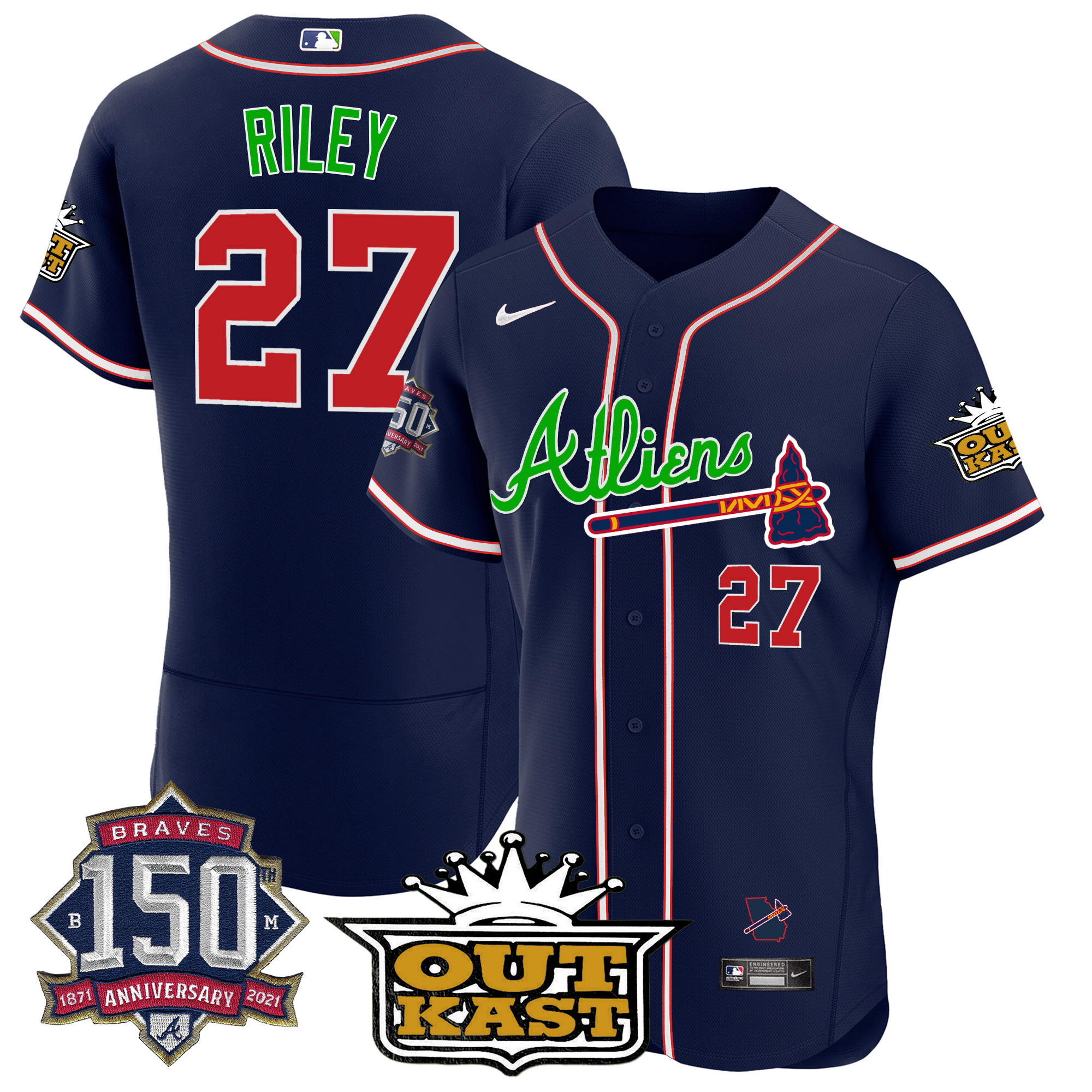 Men's Atlanta Braves Atliens 150th Anniversary Patch Flex Base Jersey - All Stitched - Image 14