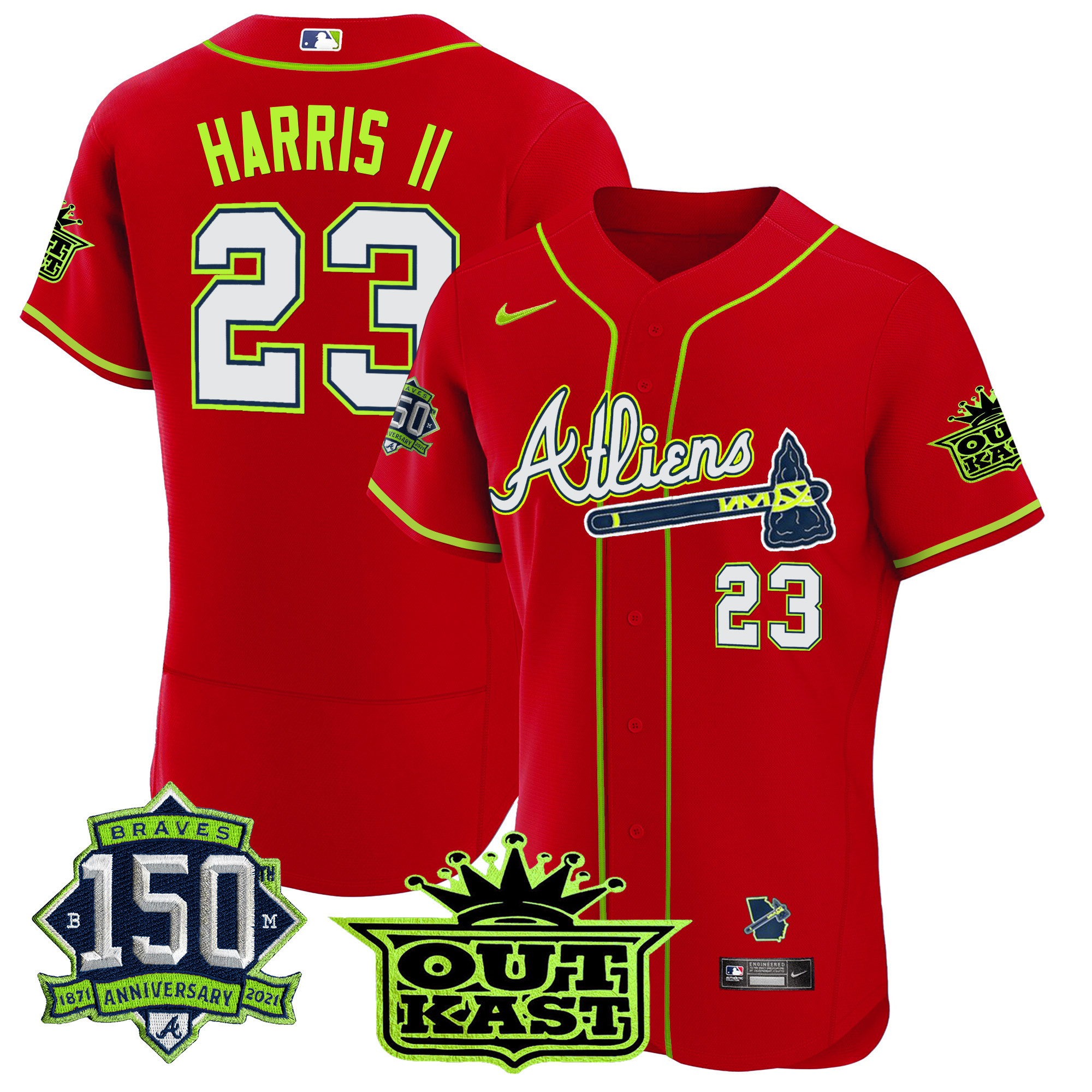 Men's Atlanta Braves Atliens 150th Anniversary Patch Flex Base Jersey - All Stitched - Image 42