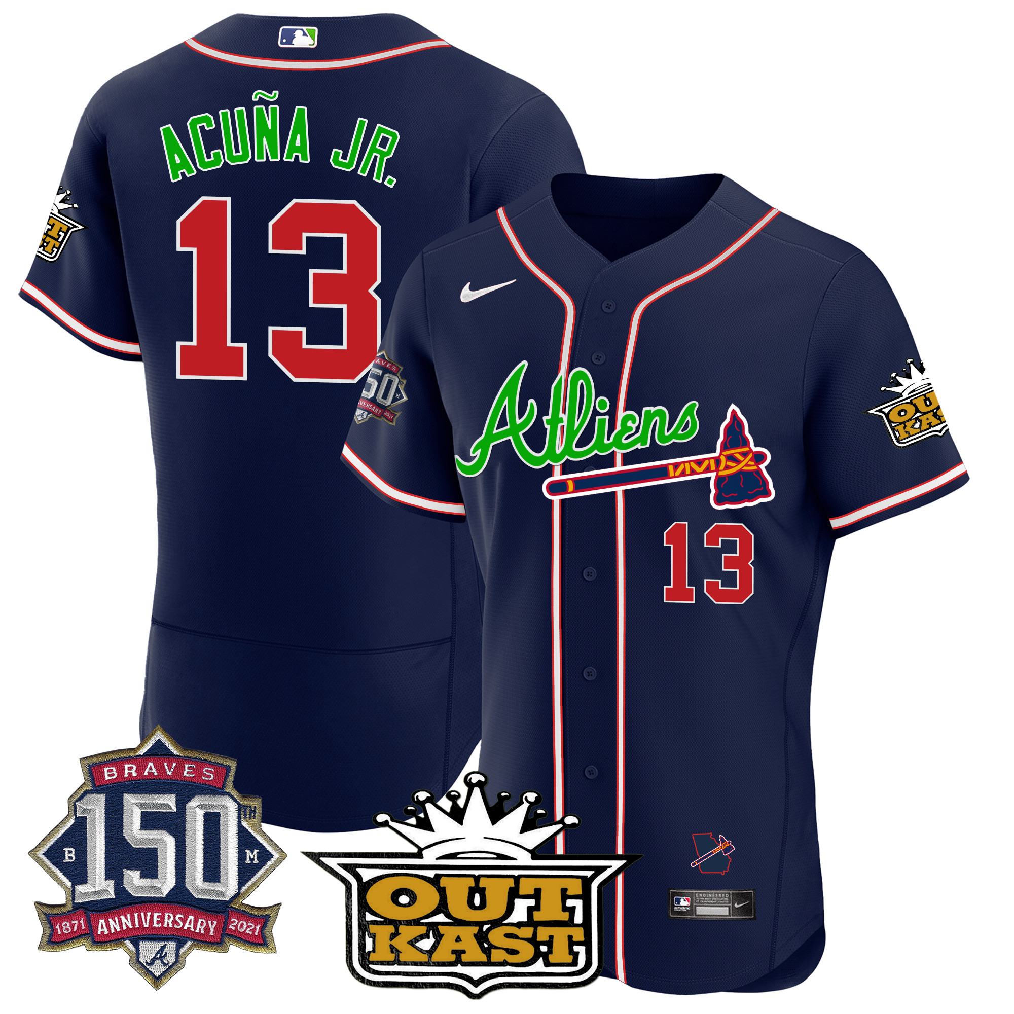 Men's Atlanta Braves Atliens 150th Anniversary Patch Flex Base Jersey - All Stitched - Image 10