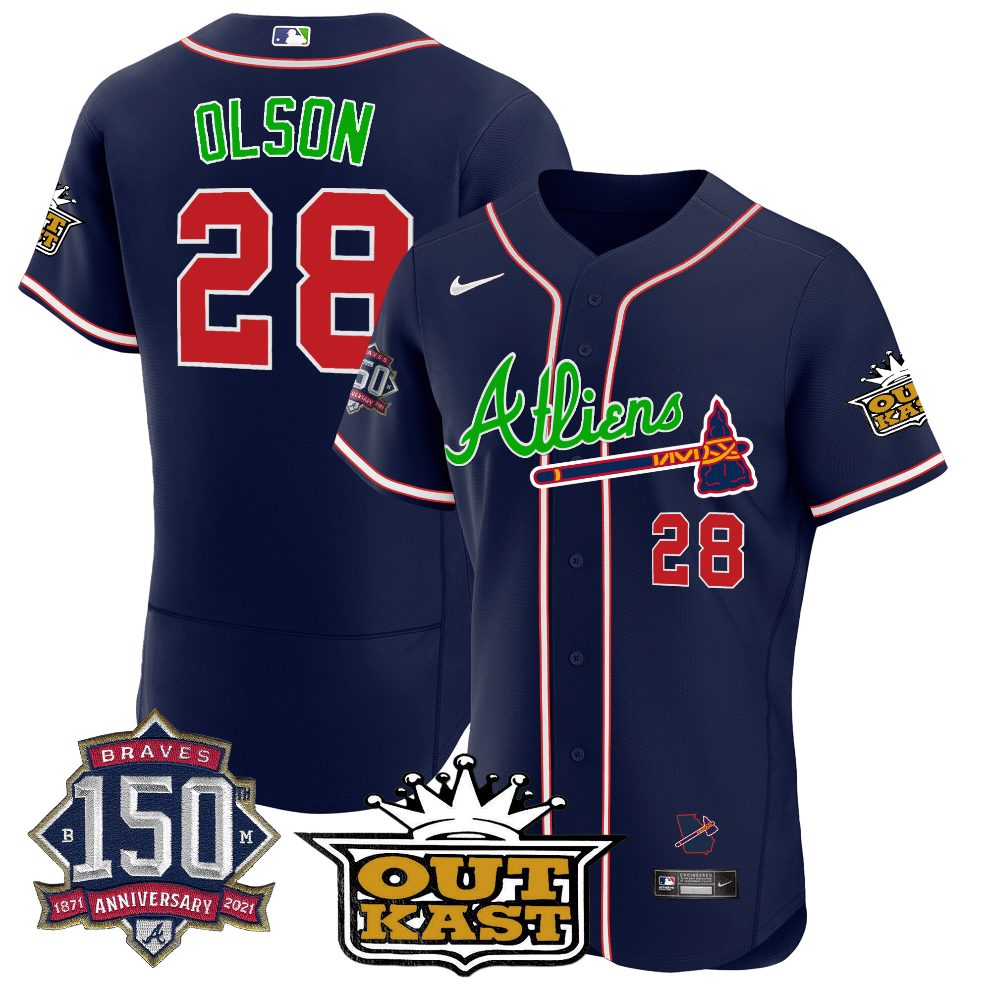 Men's Atlanta Braves Atliens 150th Anniversary Patch Flex Base Jersey - All Stitched - Image 16