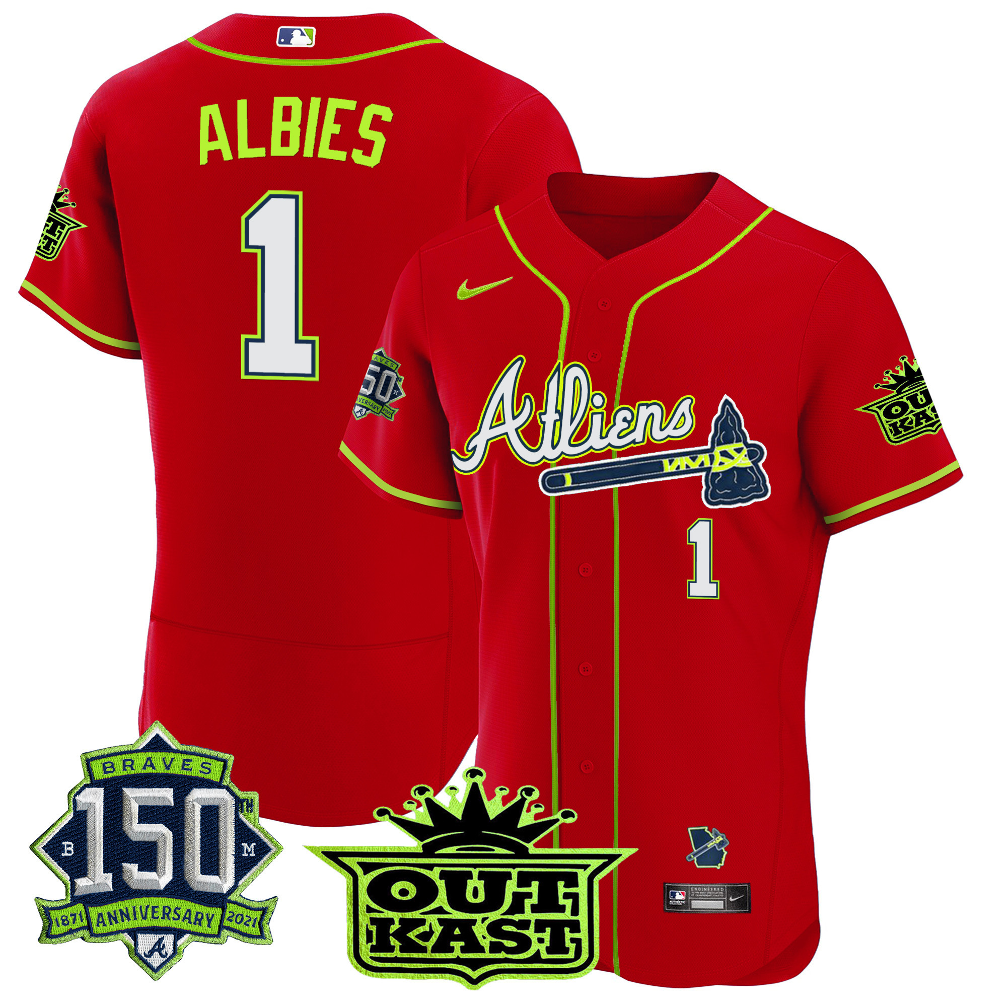 Men's Atlanta Braves Atliens 150th Anniversary Patch Flex Base Jersey - All Stitched - Image 44