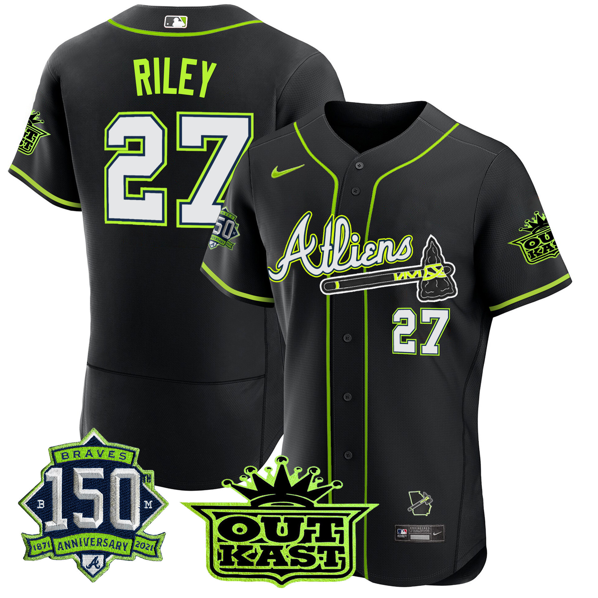 Men's Atlanta Braves Atliens 150th Anniversary Patch Flex Base Jersey - All Stitched - Image 50