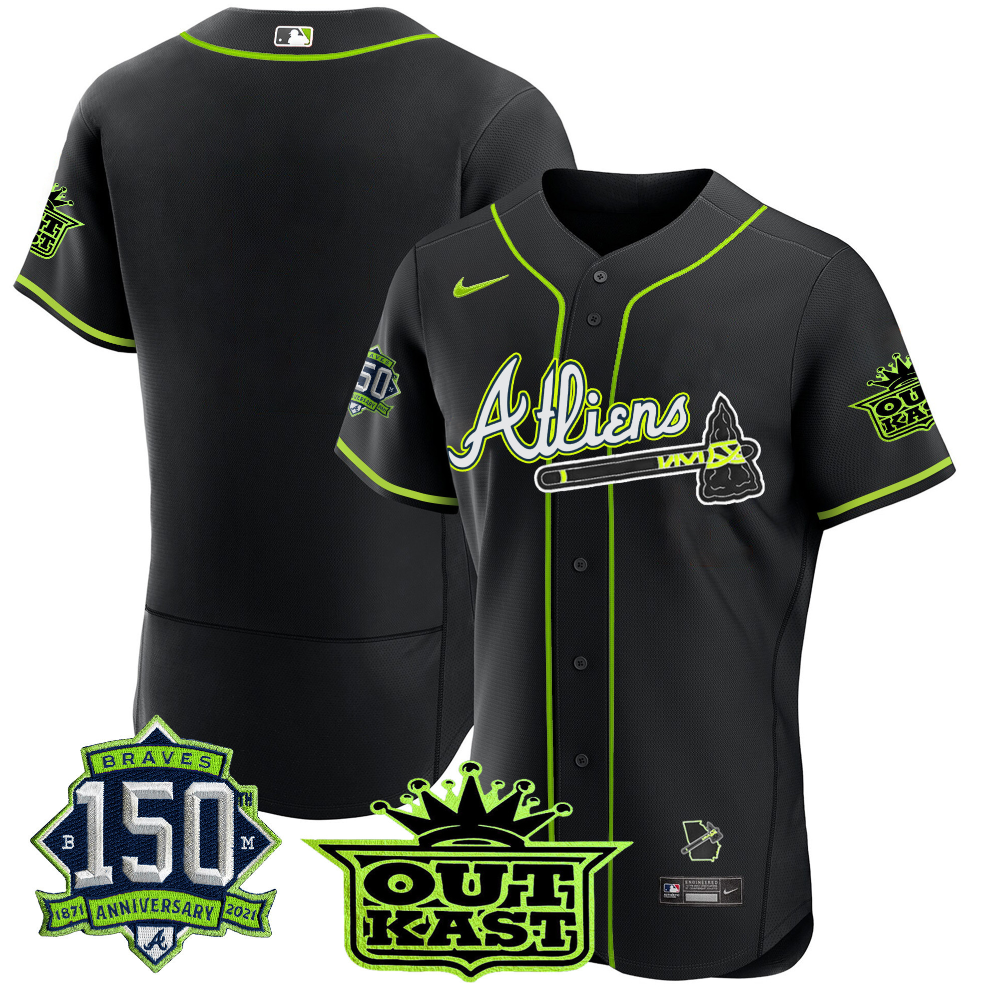 Men's Atlanta Braves Atliens 150th Anniversary Patch Flex Base Jersey - All Stitched - Image 54