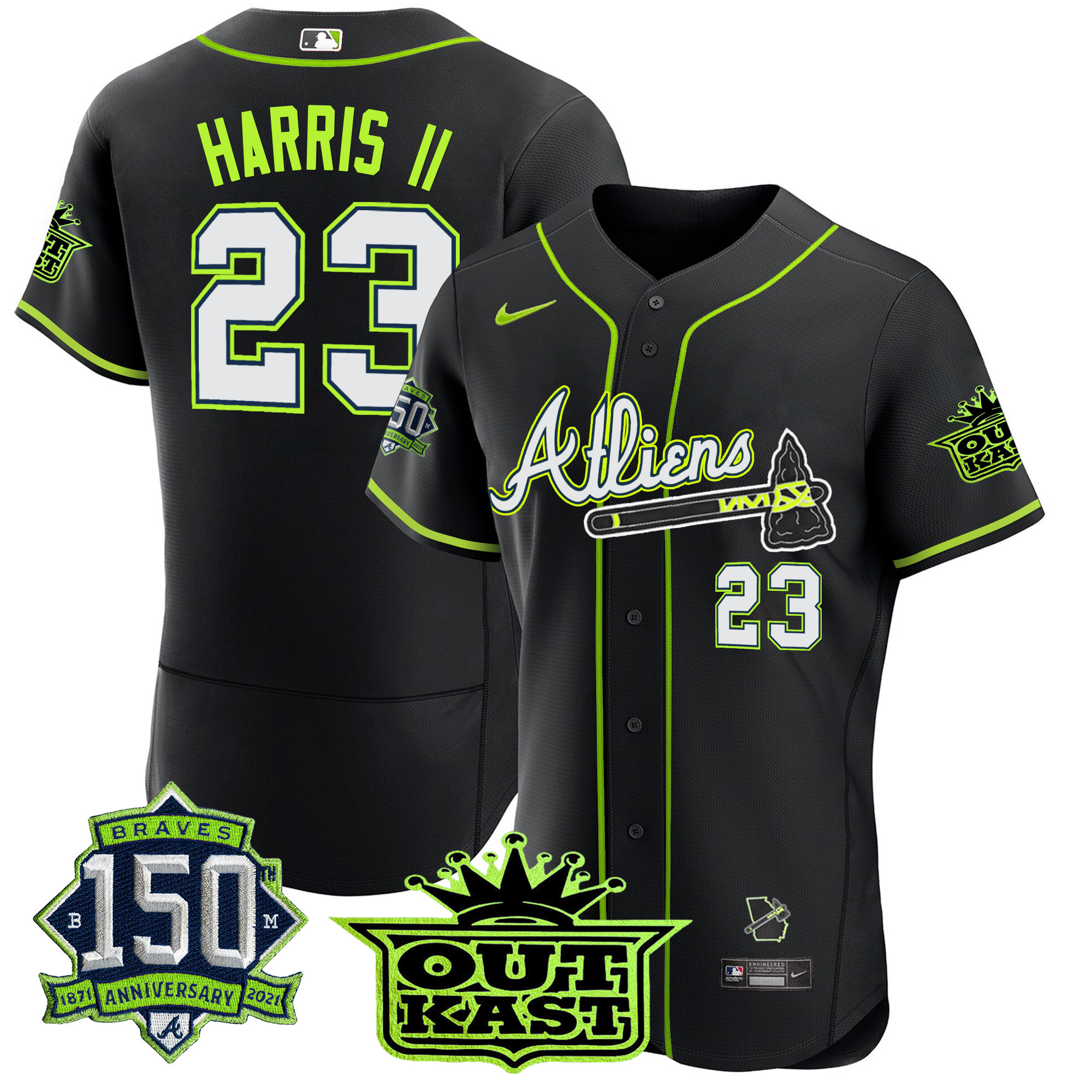 Men's Atlanta Braves Atliens 150th Anniversary Patch Flex Base Jersey - All Stitched - Image 51