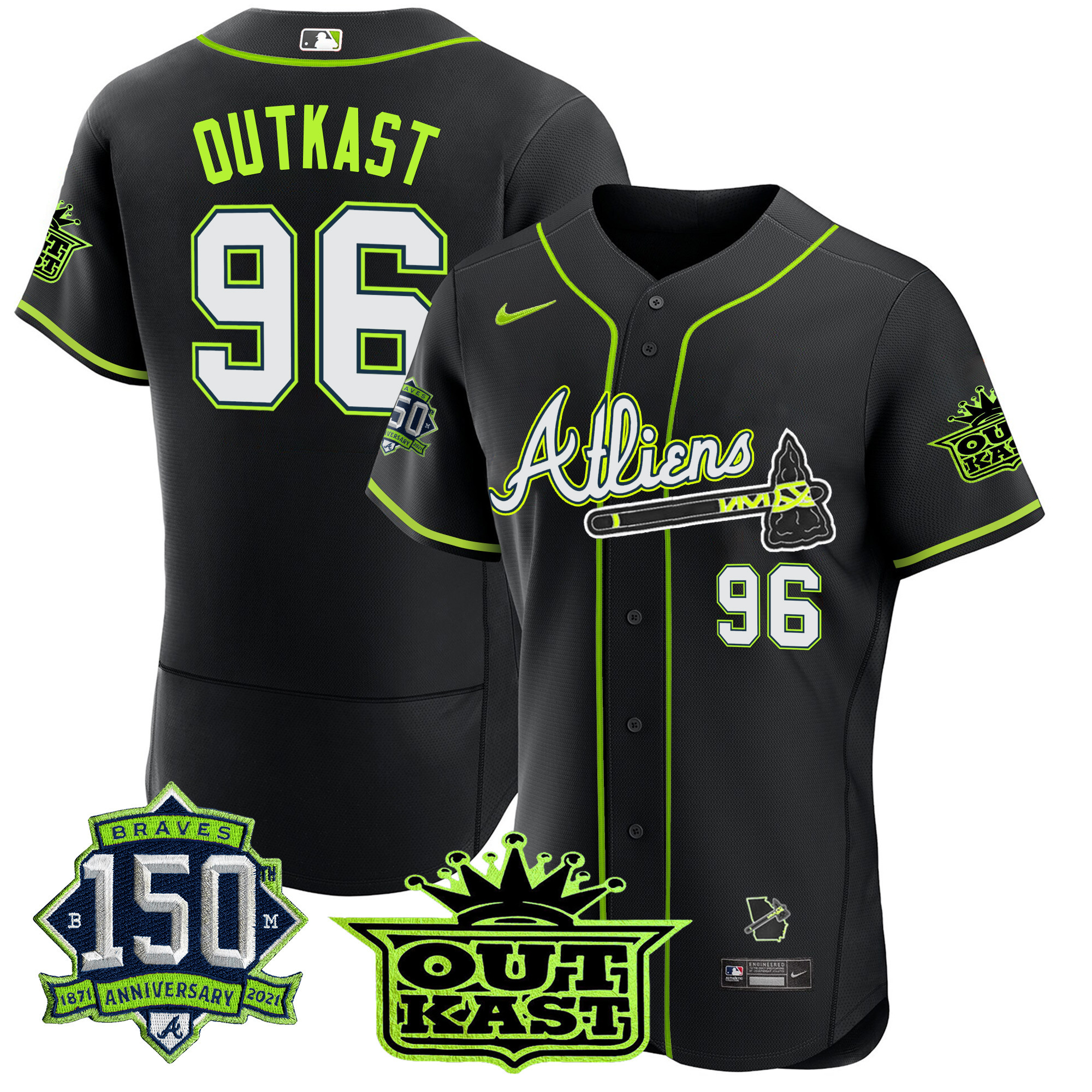 Men's Atlanta Braves Atliens 150th Anniversary Patch Flex Base Jersey - All Stitched - Image 47
