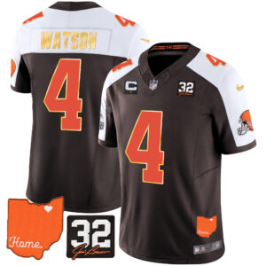 Men's Browns #32 Jim Brown Memorial & Home Patch Gold Trim Jersey - All Stitched