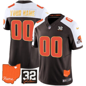 Men's Browns #32 Jim Brown Memorial & Home Patch Gold Trim Custom Jersey - All Stitched