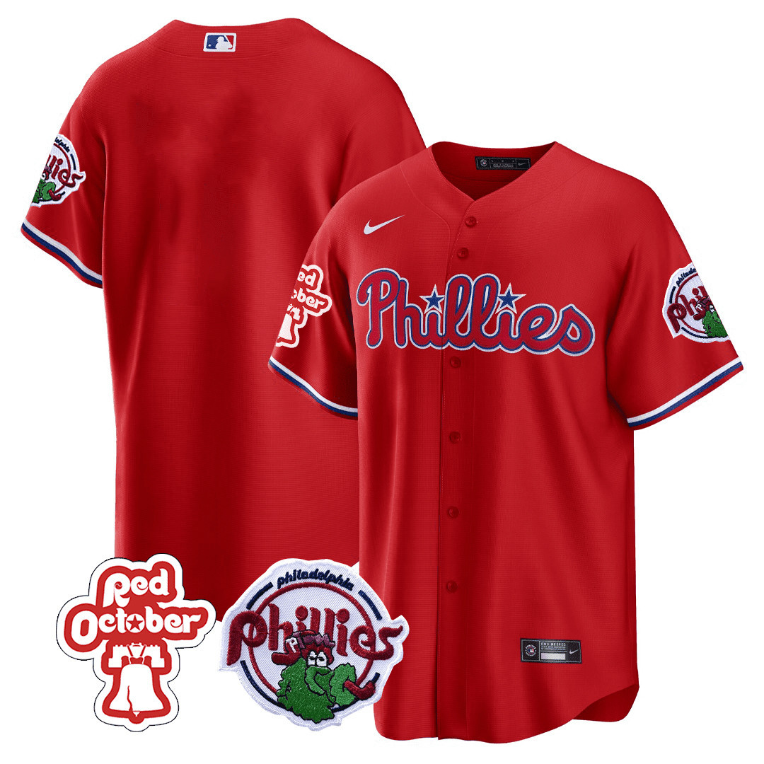 Men's Philadelphia Phillies Red October Patch Cool Base Jersey - All Stitched - Image 7