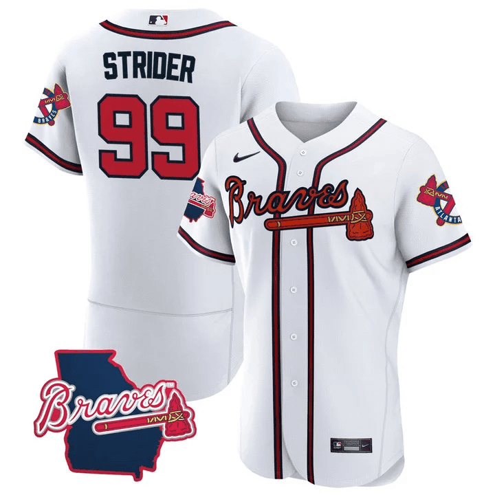 Men's Atlanta Braves Georgia State Patch Jersey - White - All Stitched - Image 4